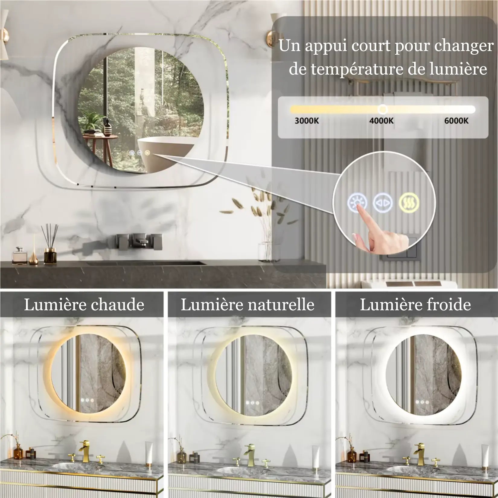 Miroir de salle de bain LED avec température de couleur réglable en trois modes.