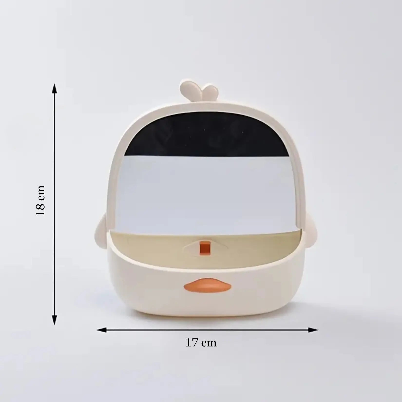 Miroir de table 18 x 17 cm avec rangement, dimensions indiquées en hauteur et largeur.