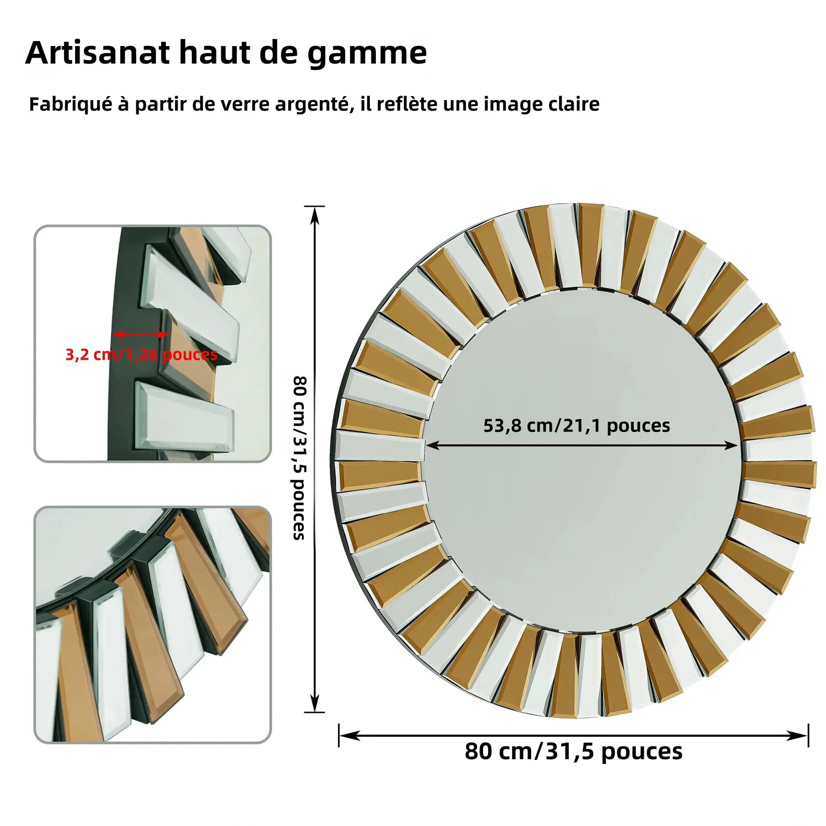 Image illustrant les dimensions et détails techniques du miroir décoration murale rond, y compris les lamelles biseautées.