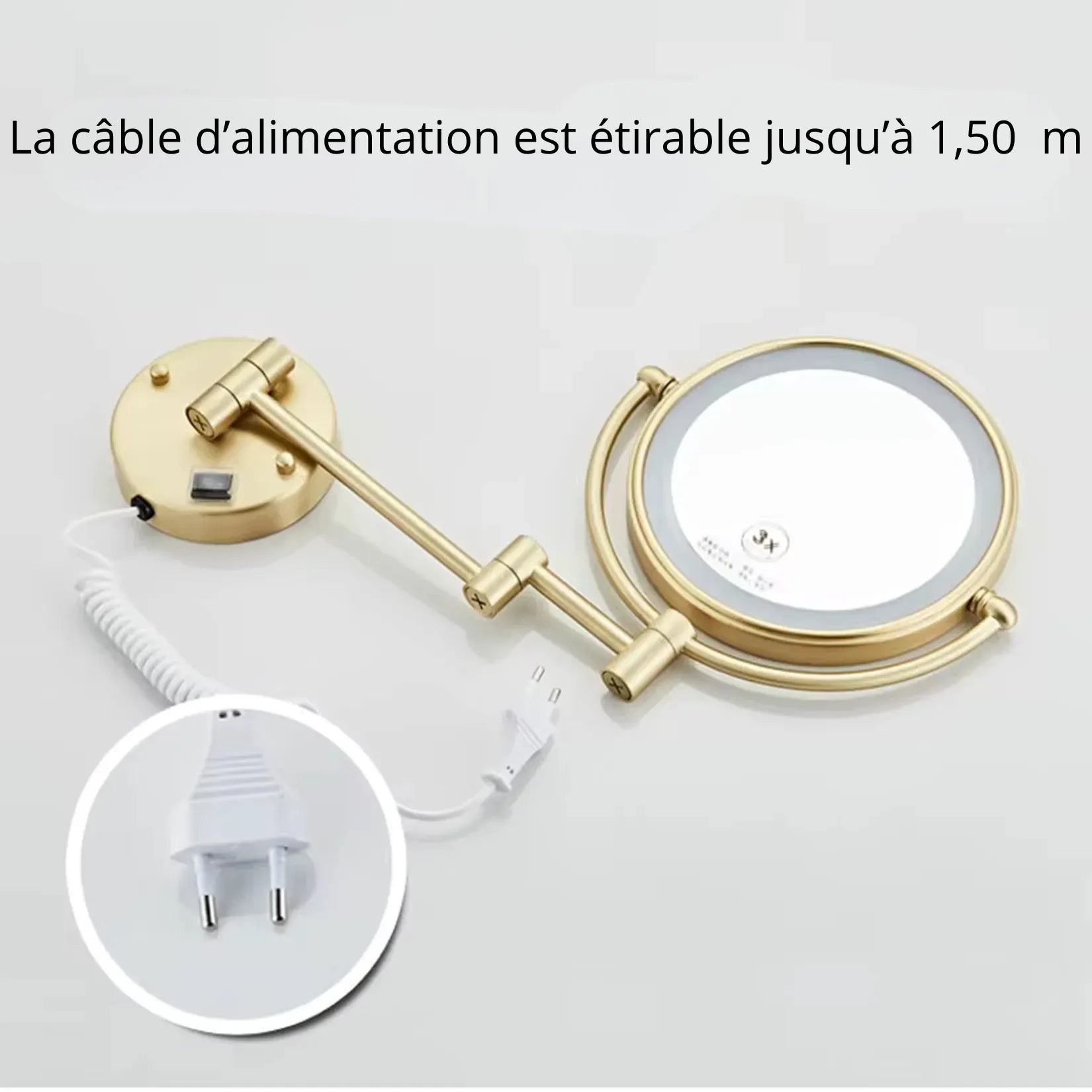 Miroir déporté mural avec câble d'alimentation extensible 1,50 m et fiche EU.