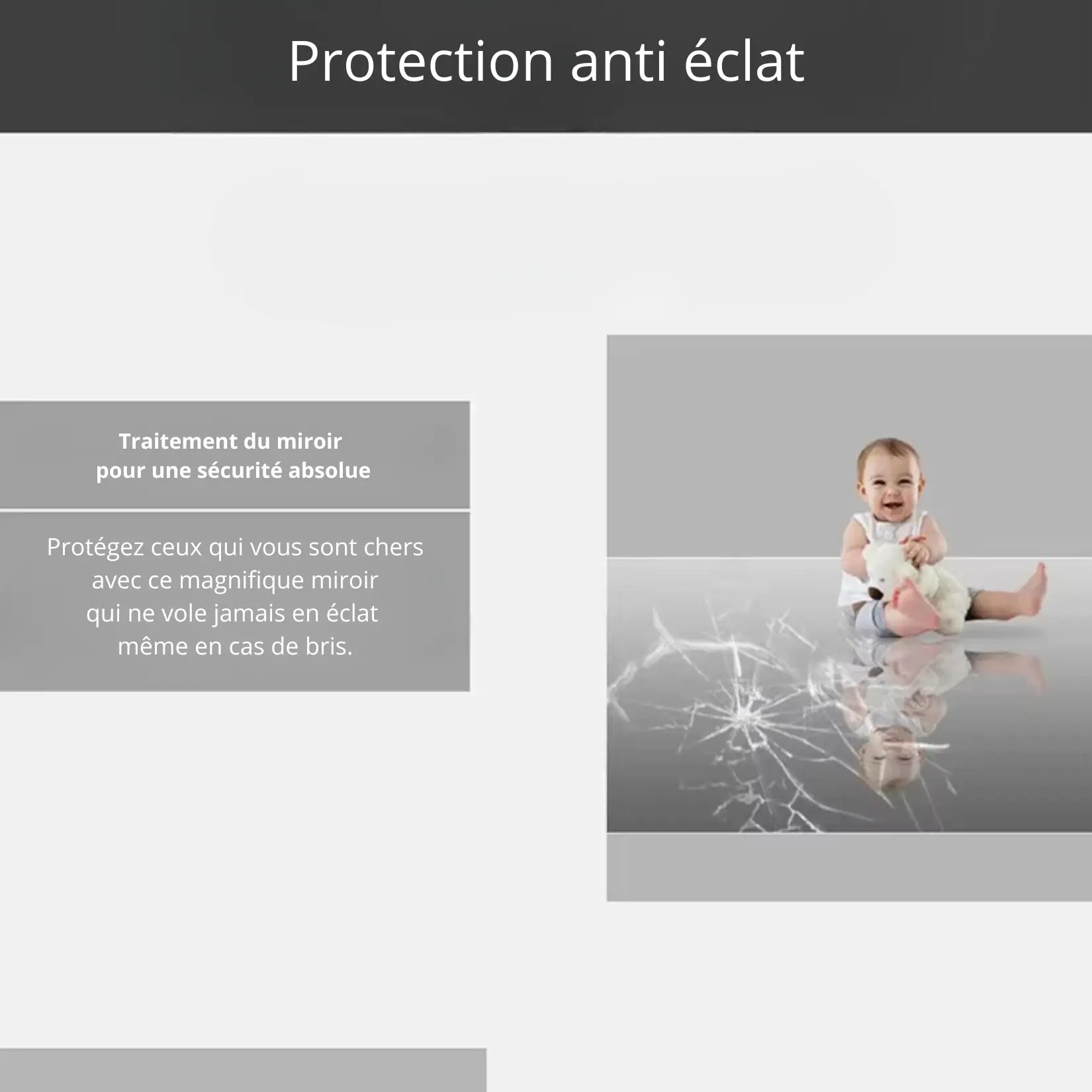 Miroir design bois sécurisé avec traitement anti-éclats pour la sécurité des enfants.