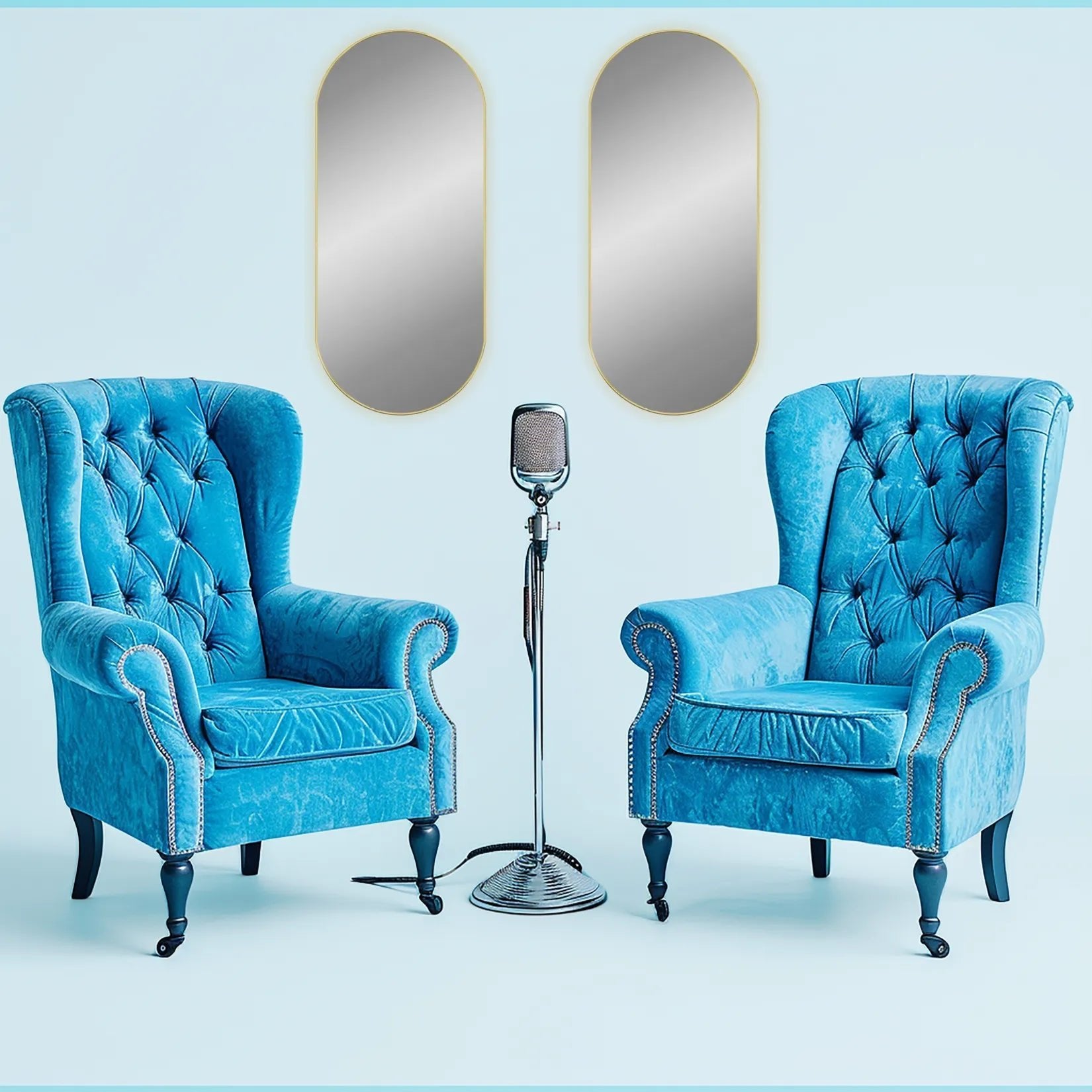 Deux miroirs design dorés muraux 100x45 cm dans un studio avec fauteuils bleus.