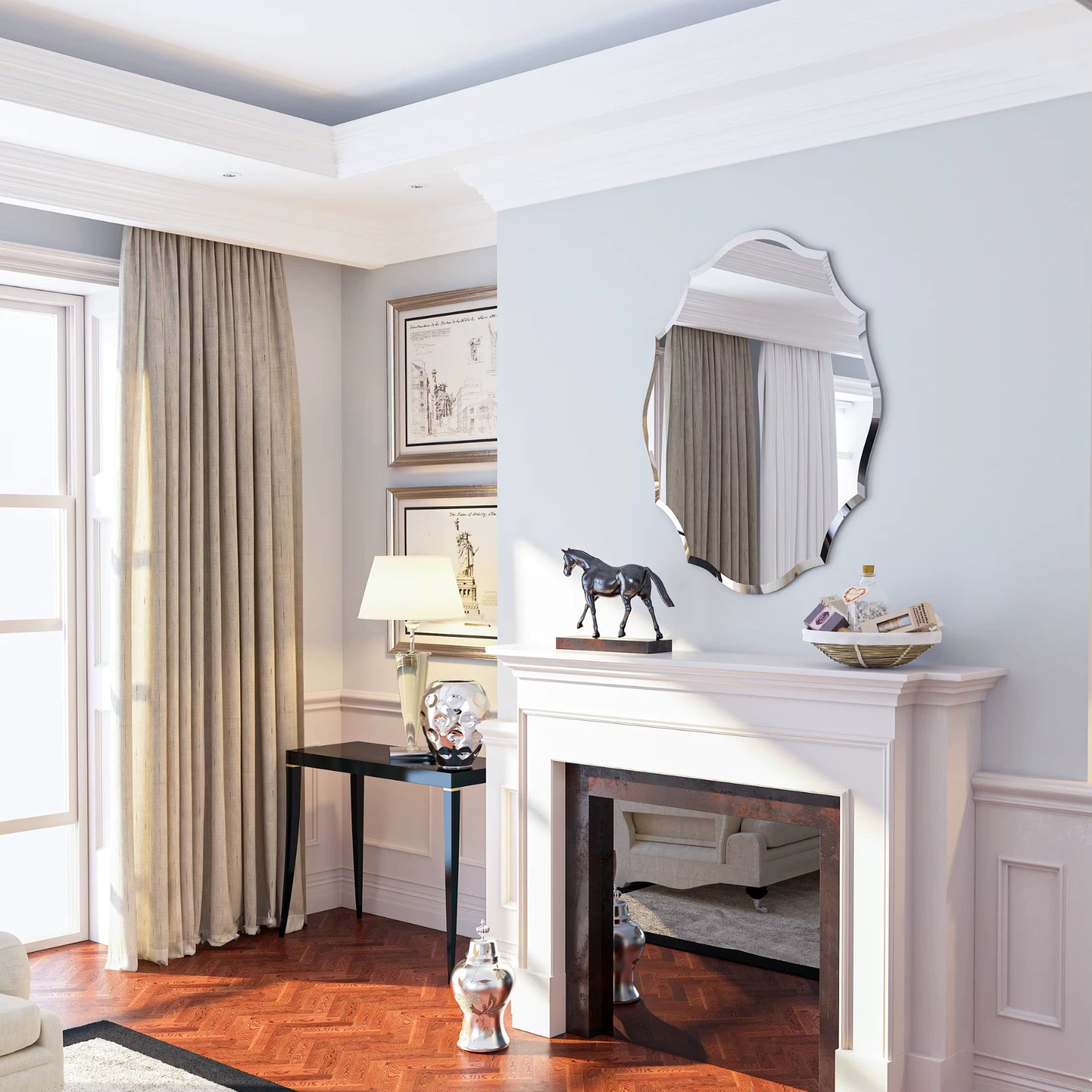 Miroir design pour salon installé au-dessus d'une cheminée blanche dans un intérieur classique.