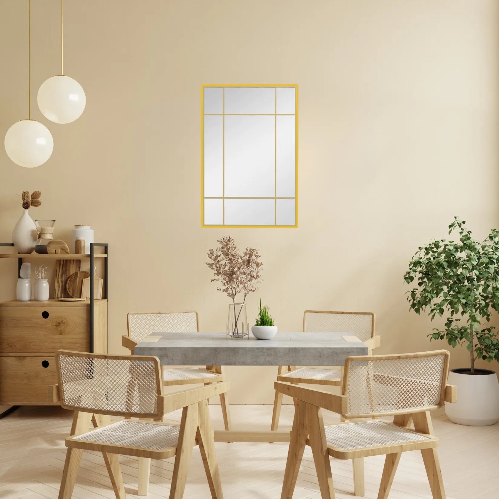 Miroir doré dans une salle à manger de style scandinave lumineux.