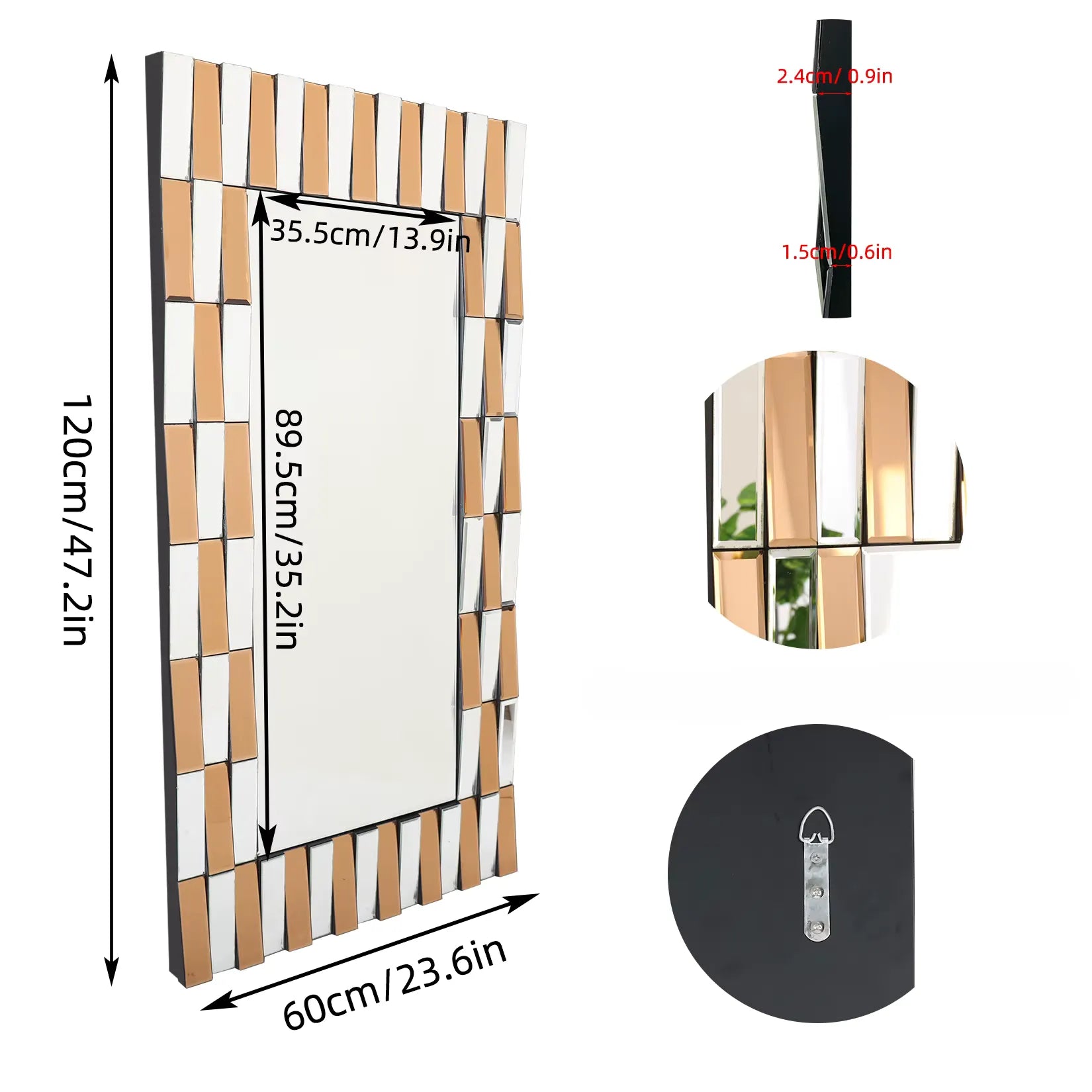 Dimensions du miroir doré design 60x120 cm avec épaisseur et détails structurels.