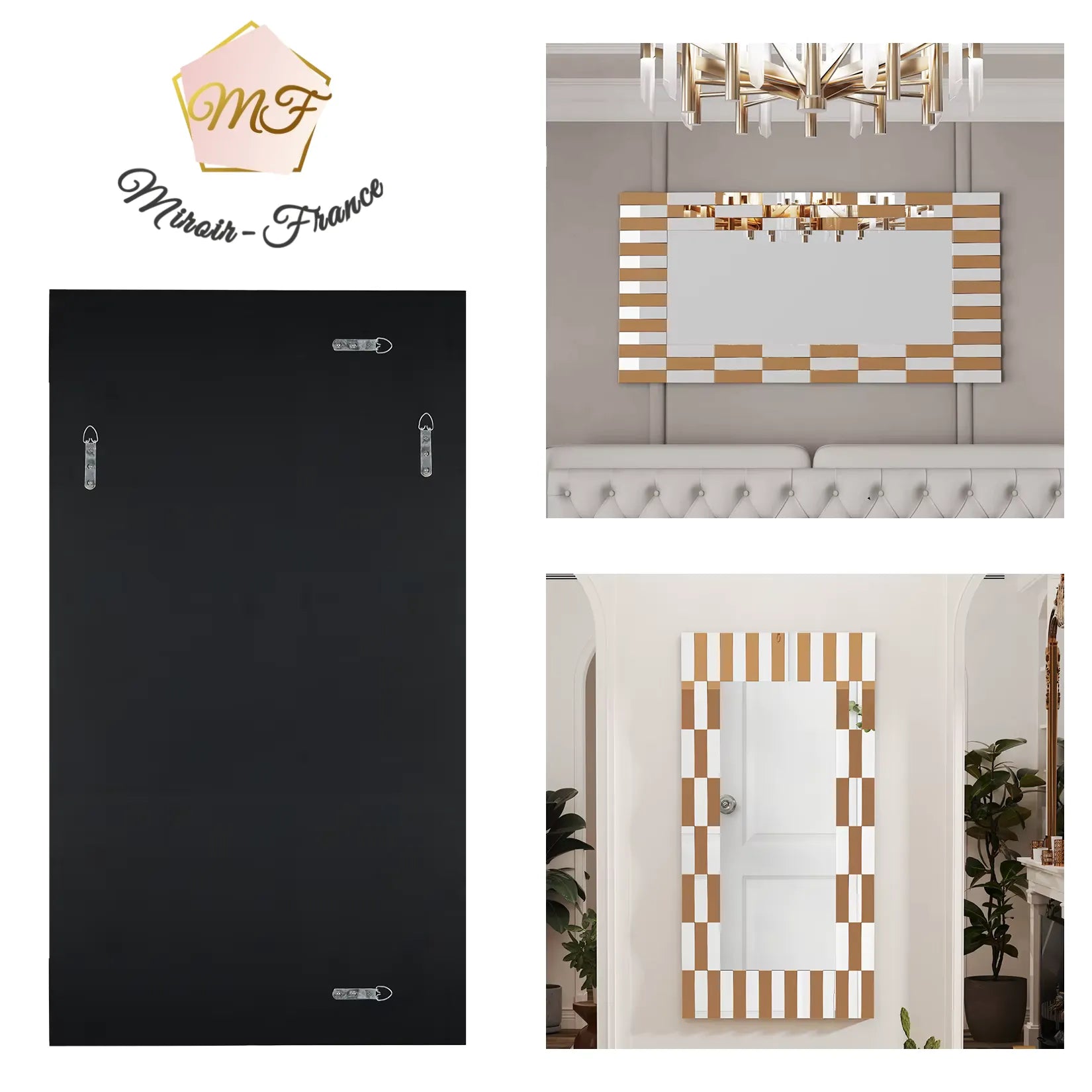 Miroir doré design rectangulaire vu de face avec fixations murales visibles.