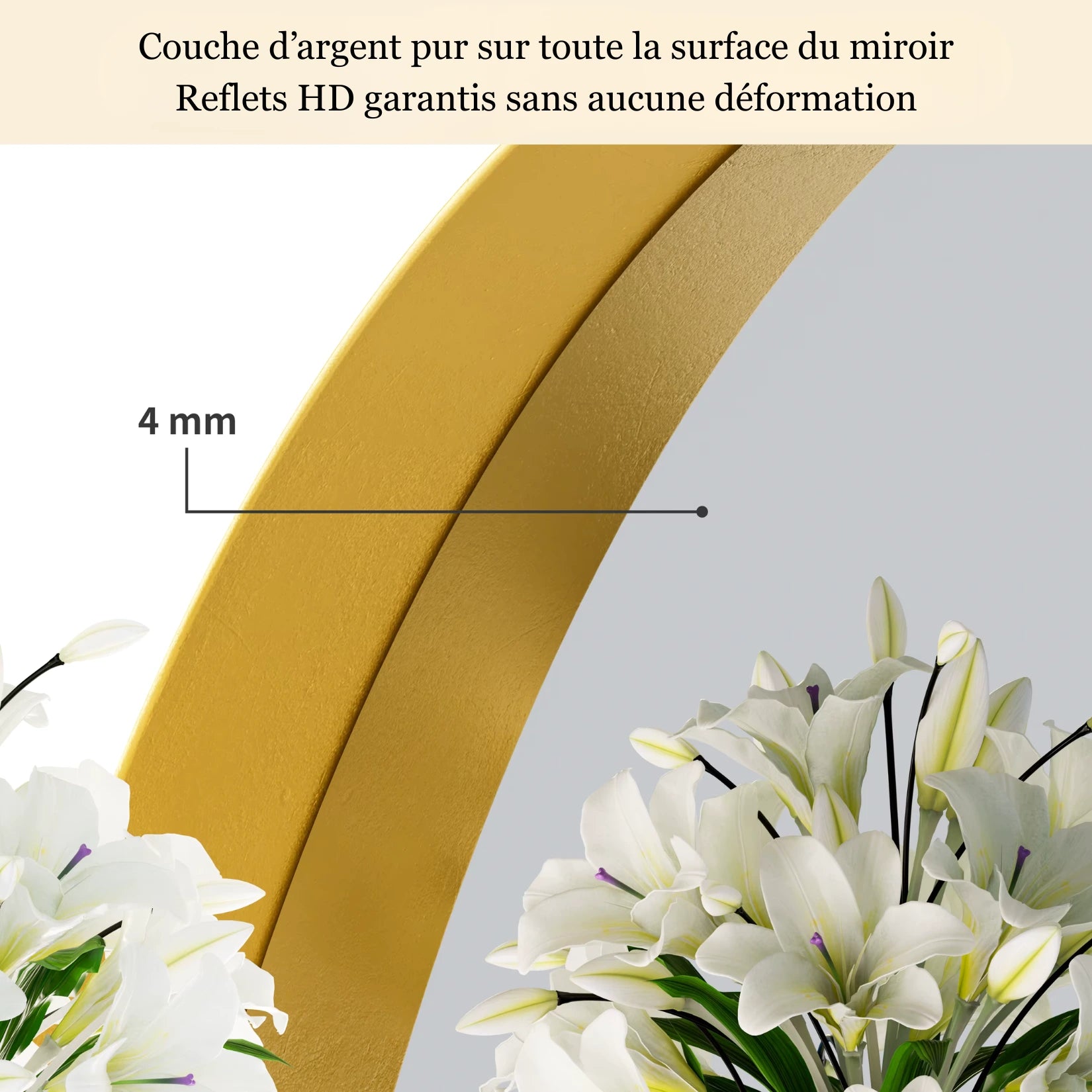 Zoom sur l’épaisseur du cadre doré de 4 mm du miroir ovale 76x55 cm.