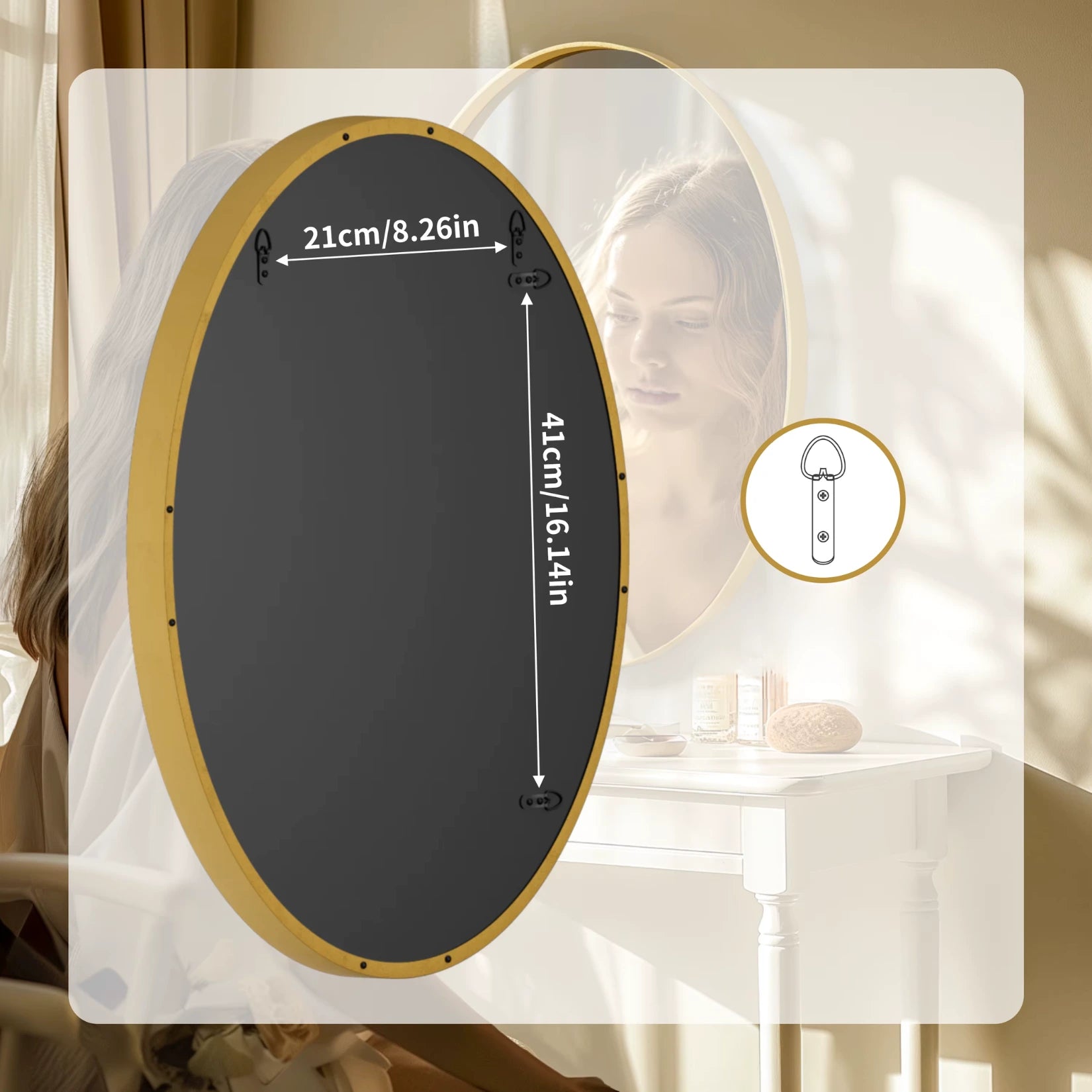 Vue arrière du miroir doré ovale avec indications précises pour la fixation murale.