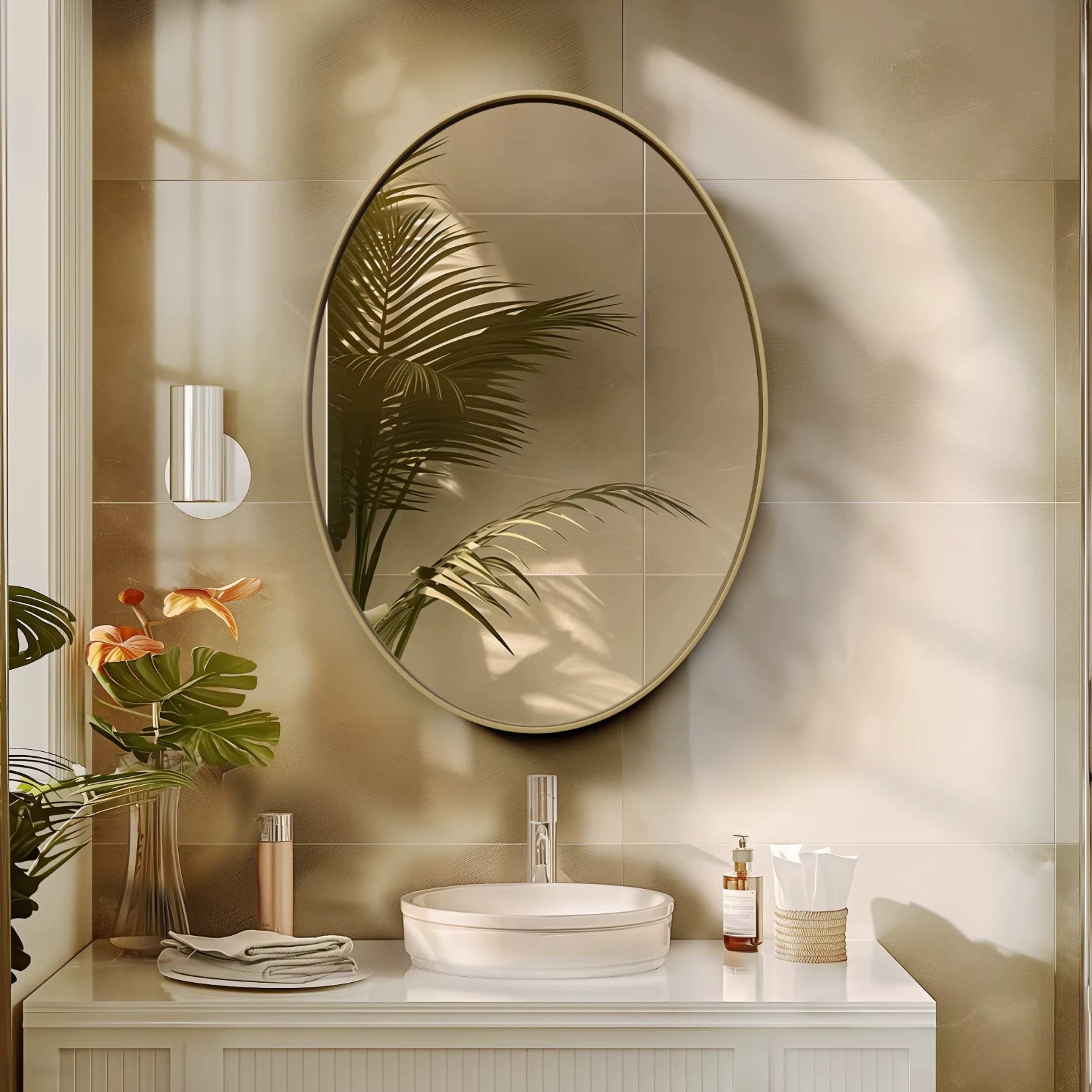 Miroir doré ovale fixé au mur dans une salle de bain baignée de lumière naturelle.