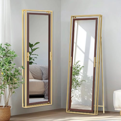 Miroir rectangulaire doré avec cadre élégant, utilisable sur pied ou fixé au mur, idéal pour les salons et chambres modernes