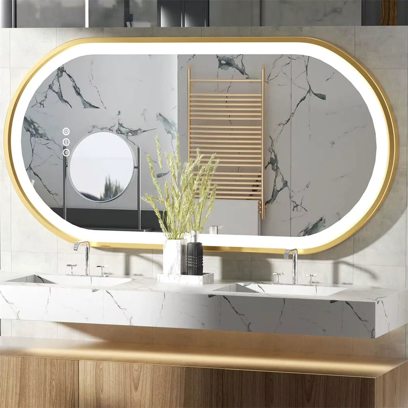 Miroir doré salle de bain LED ovale horizontal – double vasque salle de bain marbre.