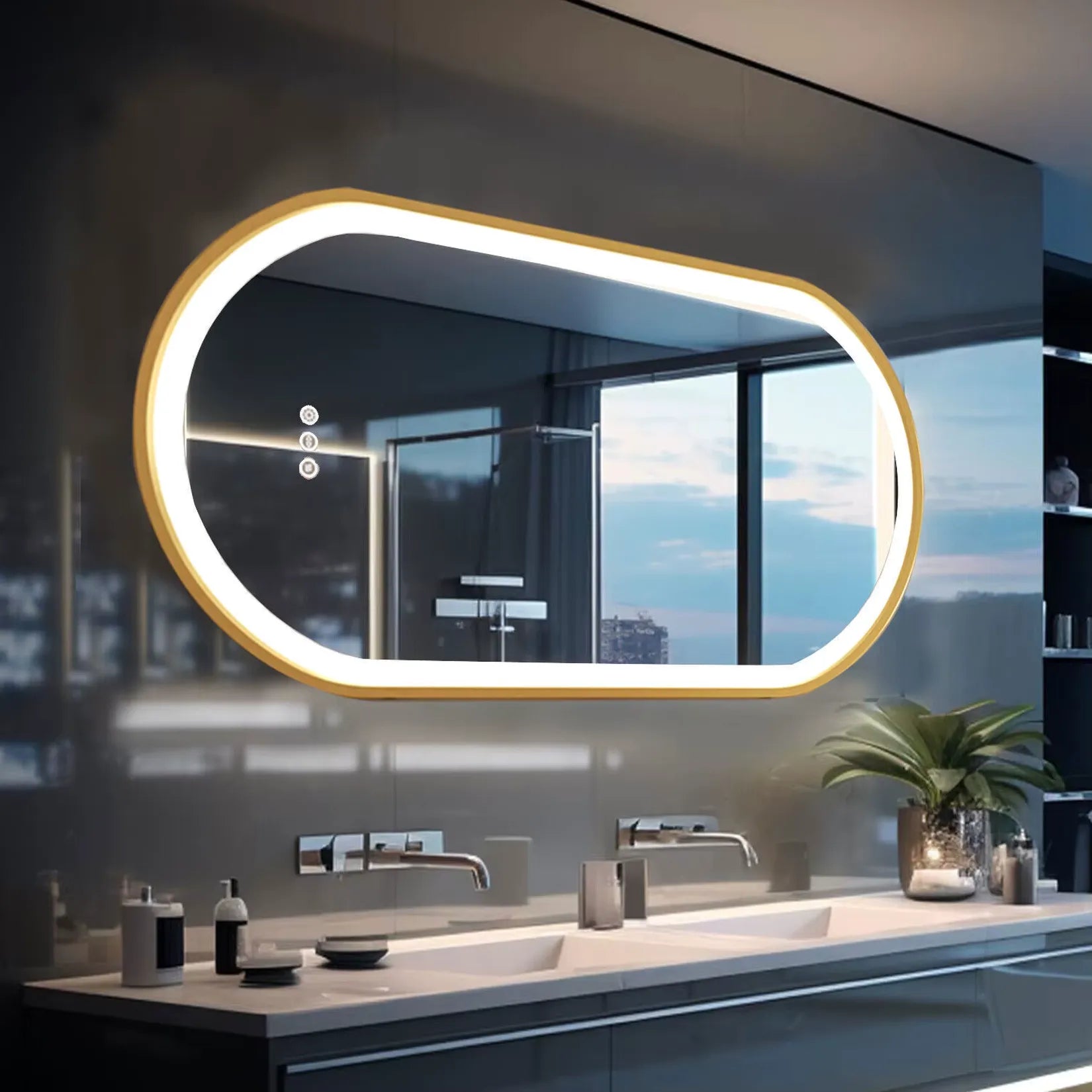 Miroir doré salle de bain LED format horizontal – ambiance luxe éclairage chaud.