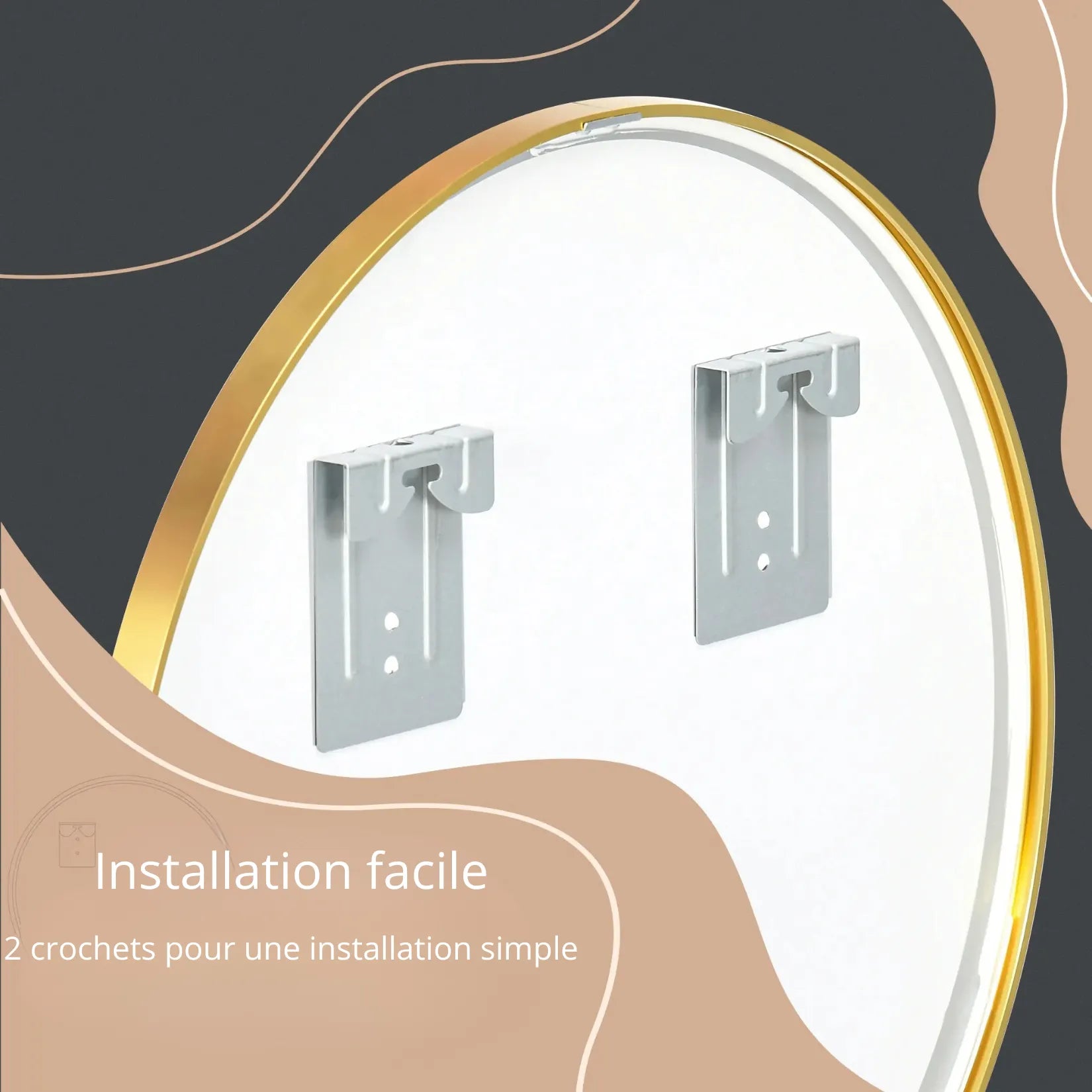 Miroir doré rond 50 cm – système de fixation 2 crochets muraux inclus.