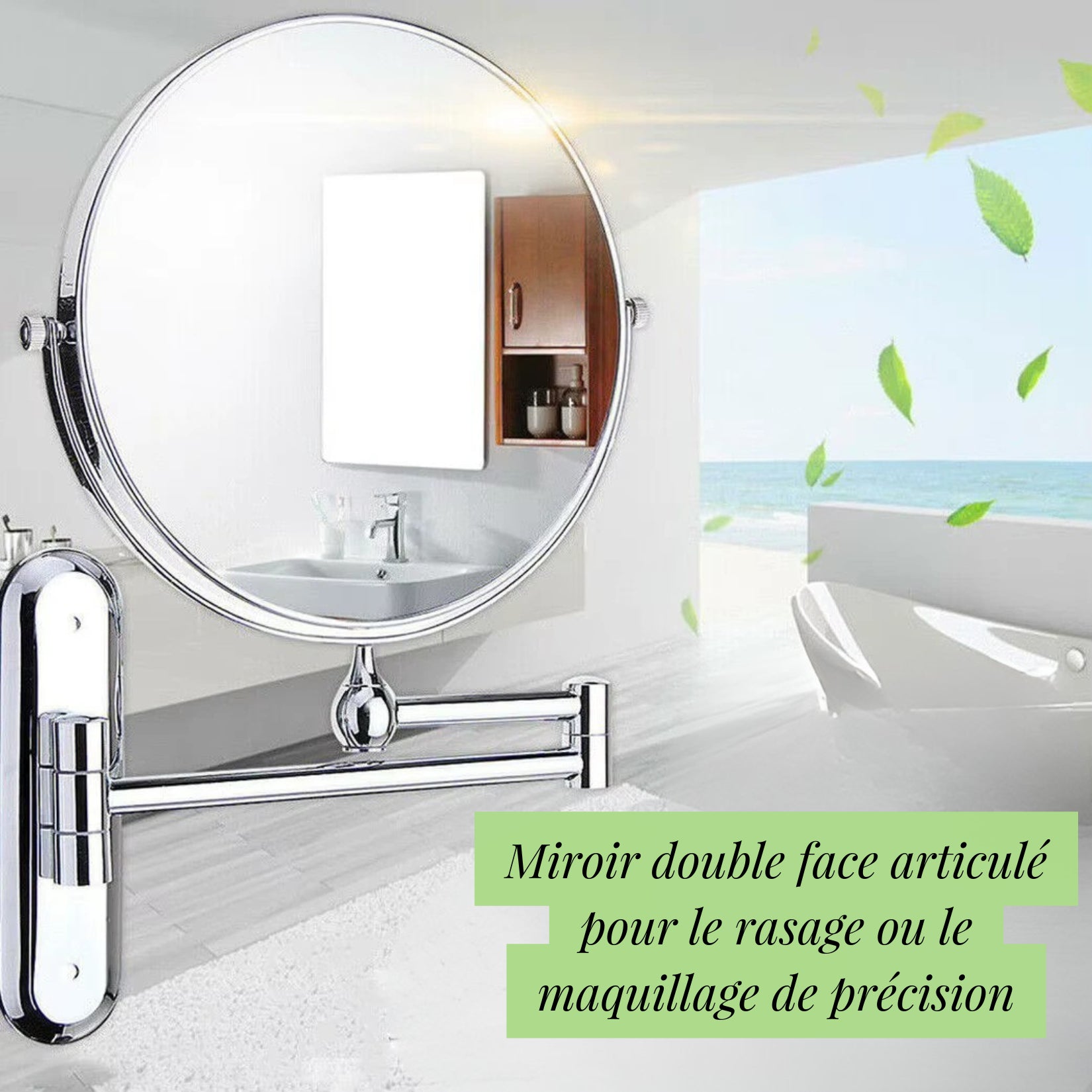 Miroir mural double face articulé avec finition chrome, parfait pour salle de bain.