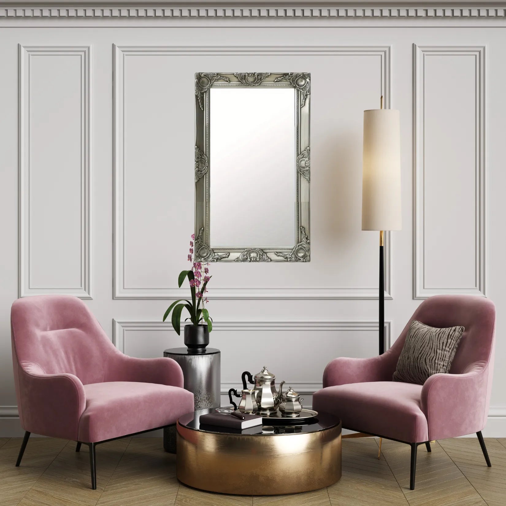 Miroir en bois rectangulaire dans un salon style haussmannien.