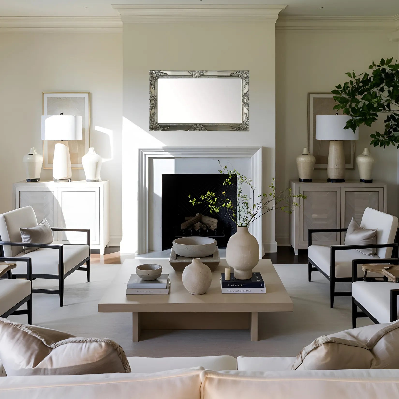 Miroir en bois rectangulaire dans une pièce lumineuse au style épuré.