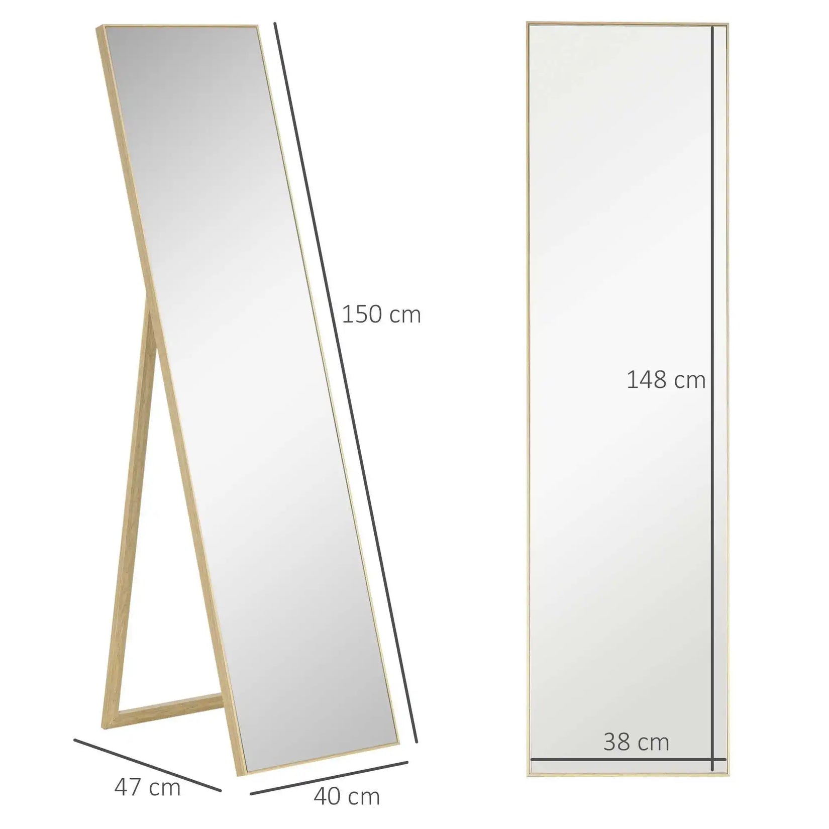Dimensions du miroir en bois sur pied : 150 cm de hauteur totale, miroir intérieur 148 x 38 cm.