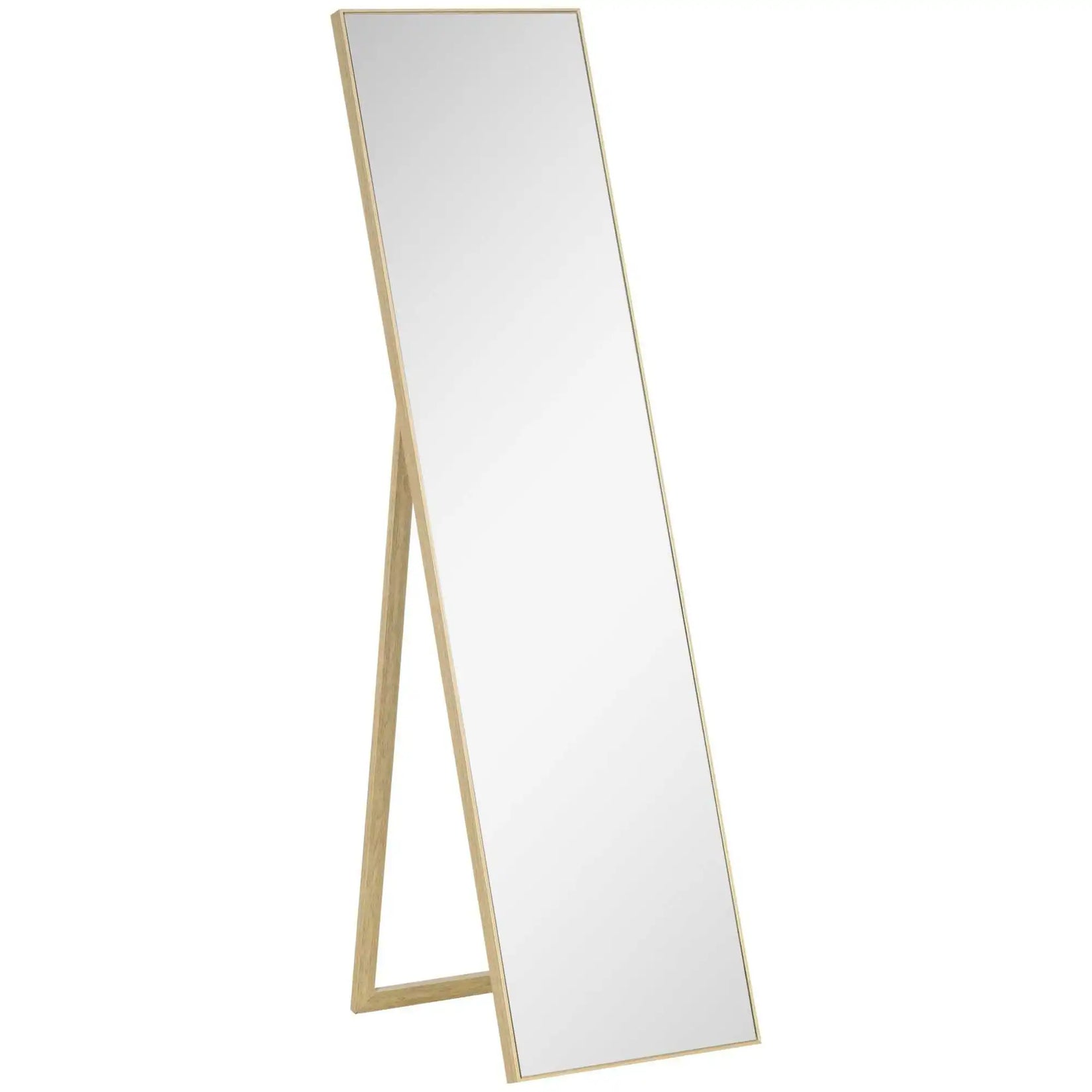 Vue complète du miroir en bois sur pied en position ouverte, au style épuré et vertical.