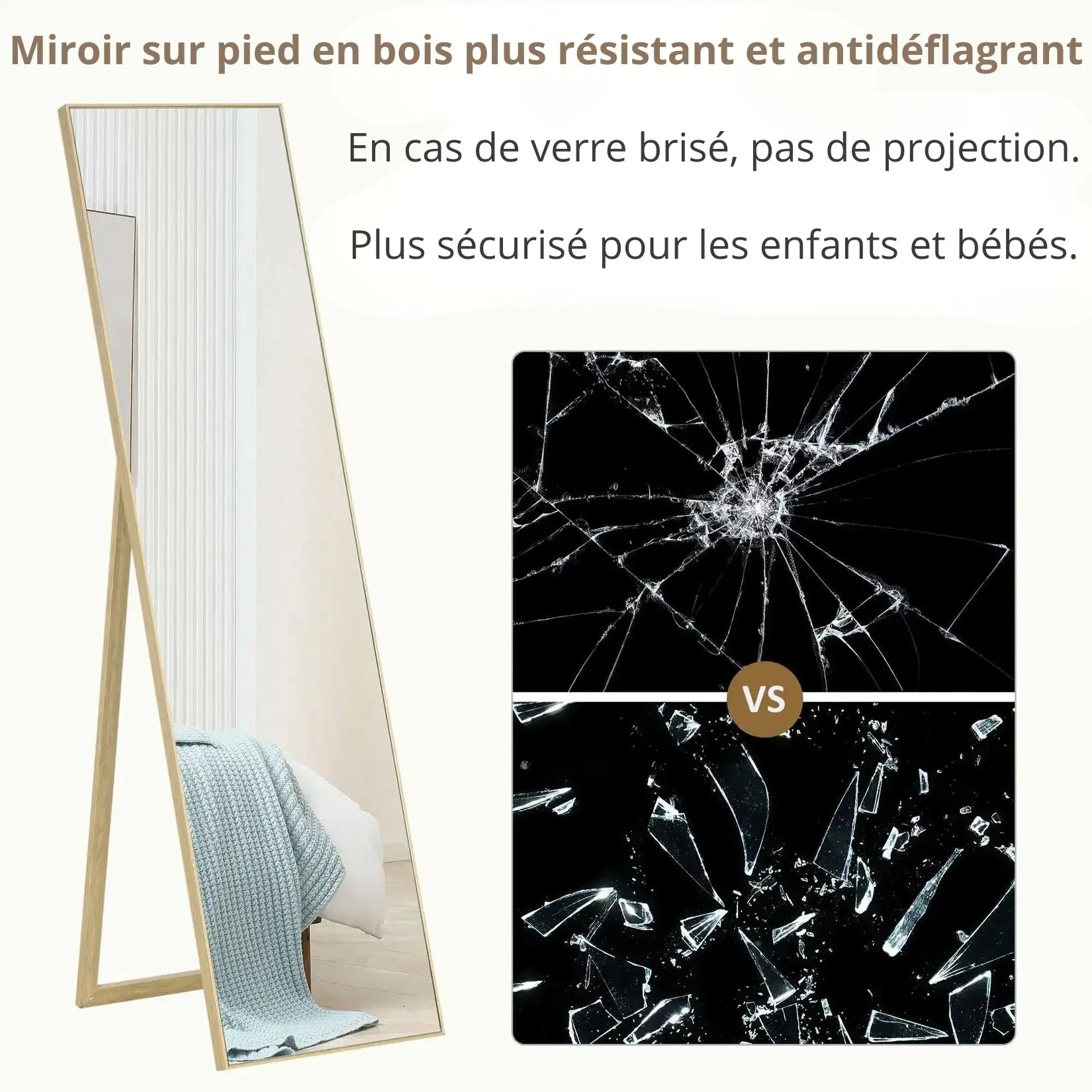 Comparatif visuel du miroir sur pied en bois avec verre antidéflagrant, sécurisé pour enfants.