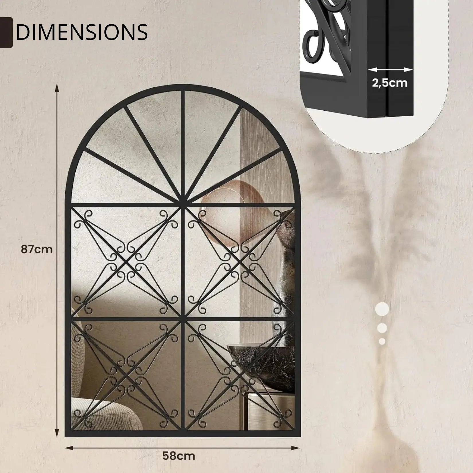 Miroir en fenêtre arche noir mat dimensions 58 x 87 cm, épaisseur cadre 2,5 cm.