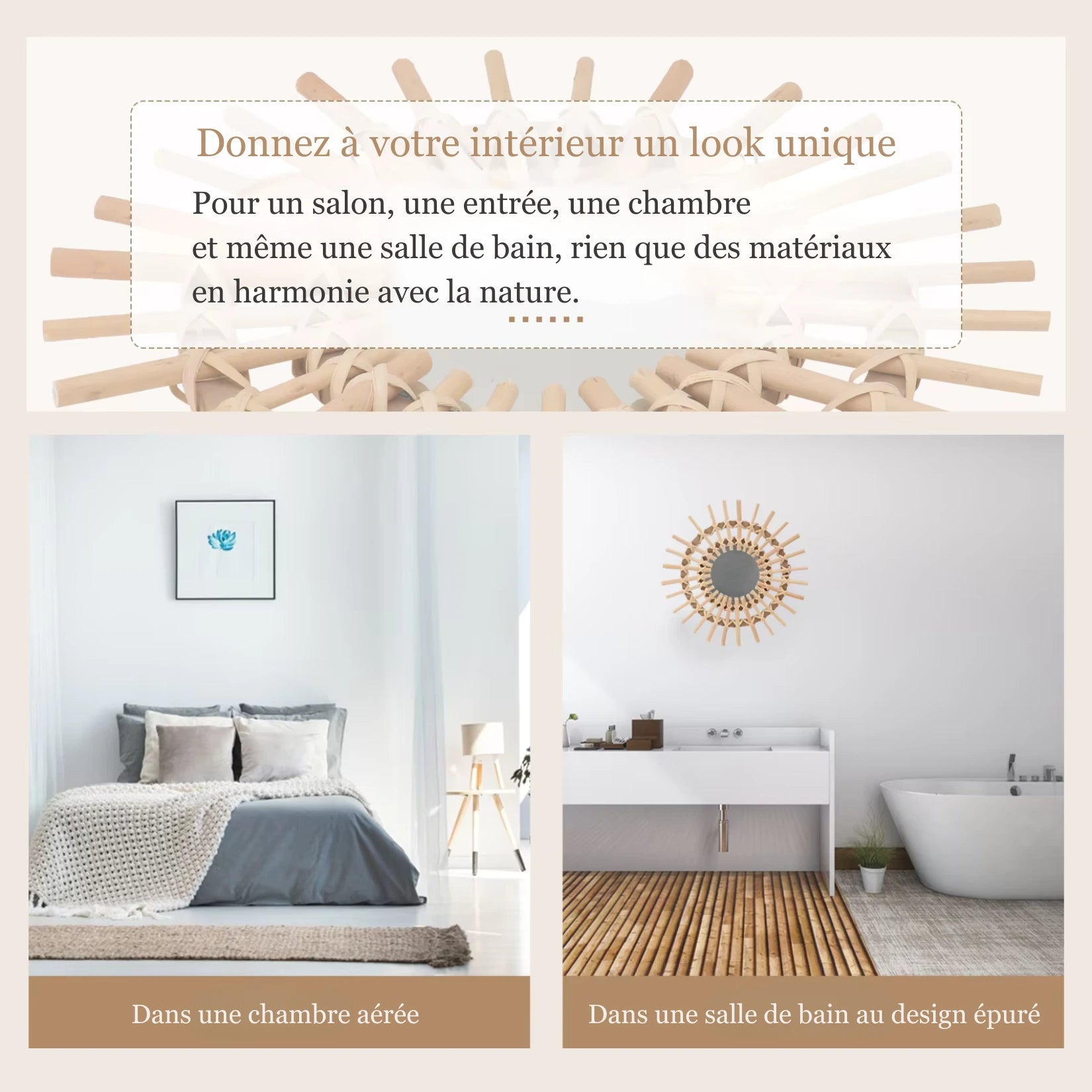 Petit miroir en rotin pas cher, parfait pour agrandir visuellement l’espace avec élégance.