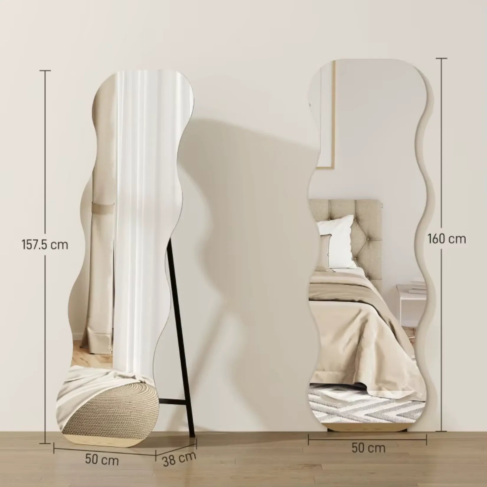 Miroir en Vague dimensions 160 x 50 cm version sur pied et murale.
