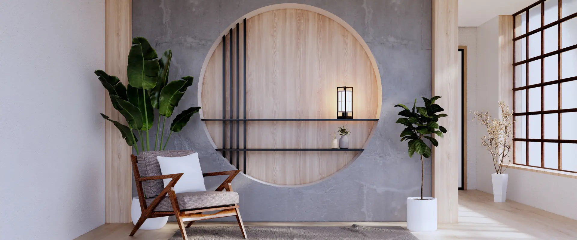 Vue d’une entrée moderne agrandie visuellement grâce à un miroir mural rond intégré dans une cloison décorative.