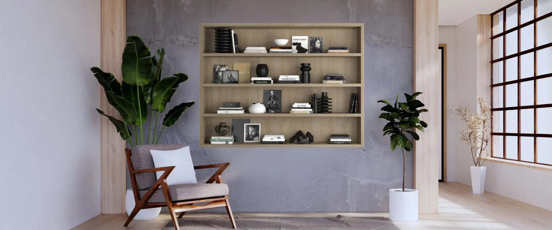 Entrée sans miroir avec étagère murale, montrant l’espace avant l’ajout d’un miroir pour agrandir.