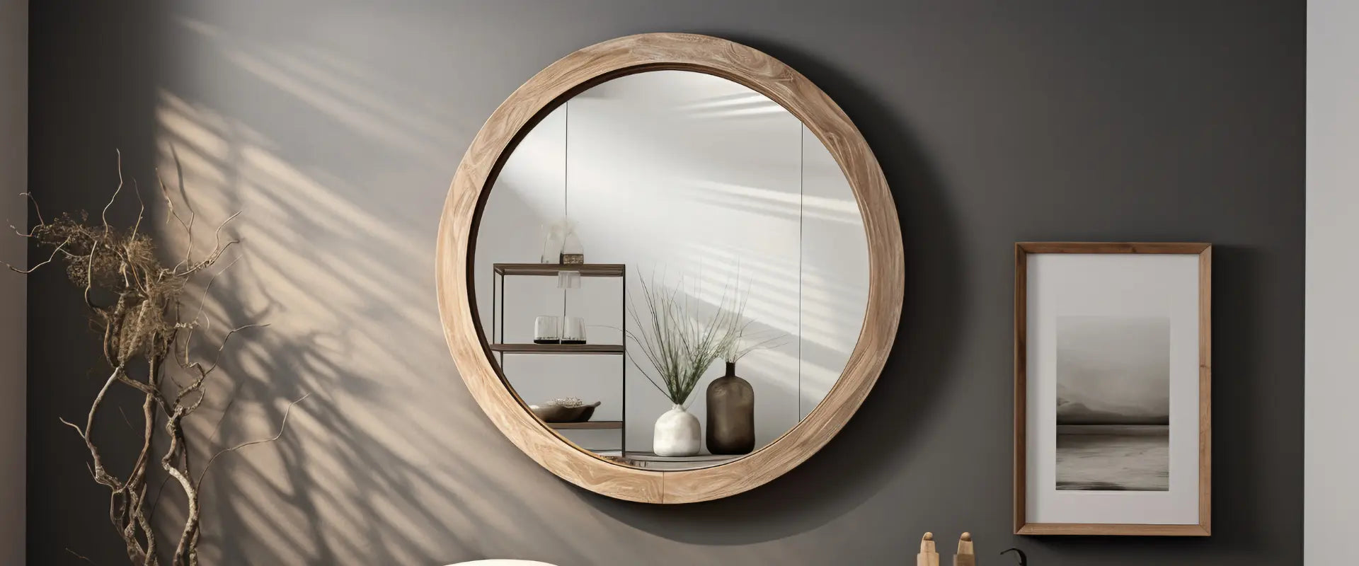 Miroir rond en bois clair installé dans une entrée design aux tons naturels et végétaux.