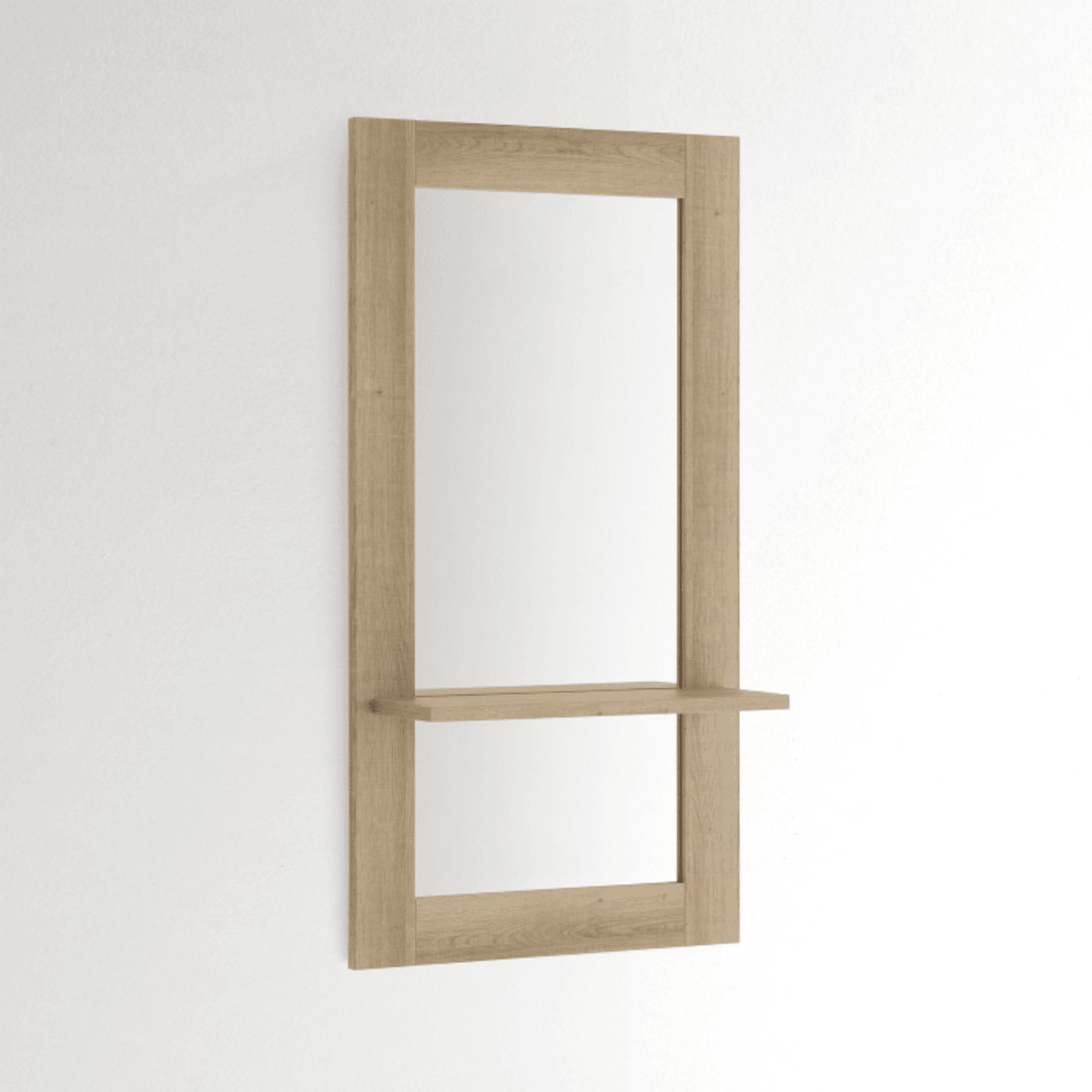Vue de face du miroir étagère bois avec son design minimaliste.