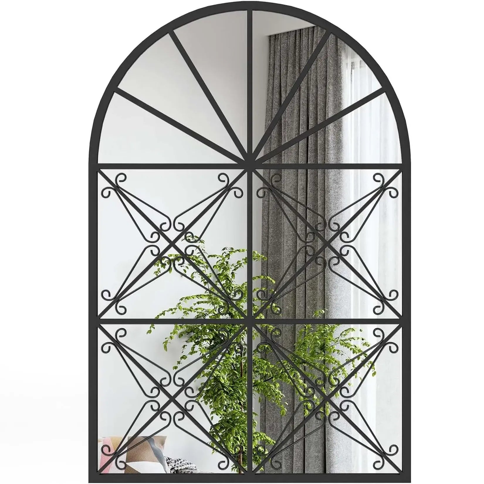 Miroir fenêtre arche ferronnerie décorative noir mat, vue de face fond blanc.