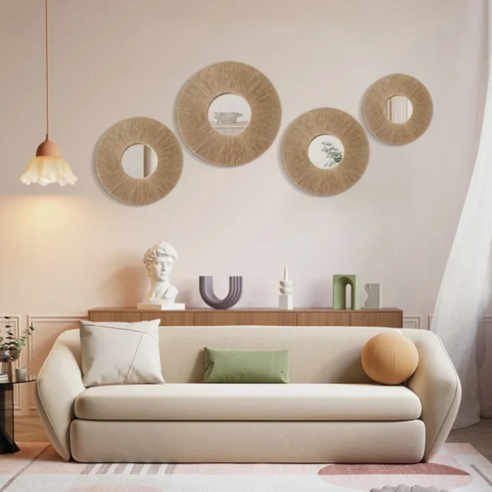 Miroir fleur rotin en harmonie dans un intérieur chaleureux au design doux et organique.