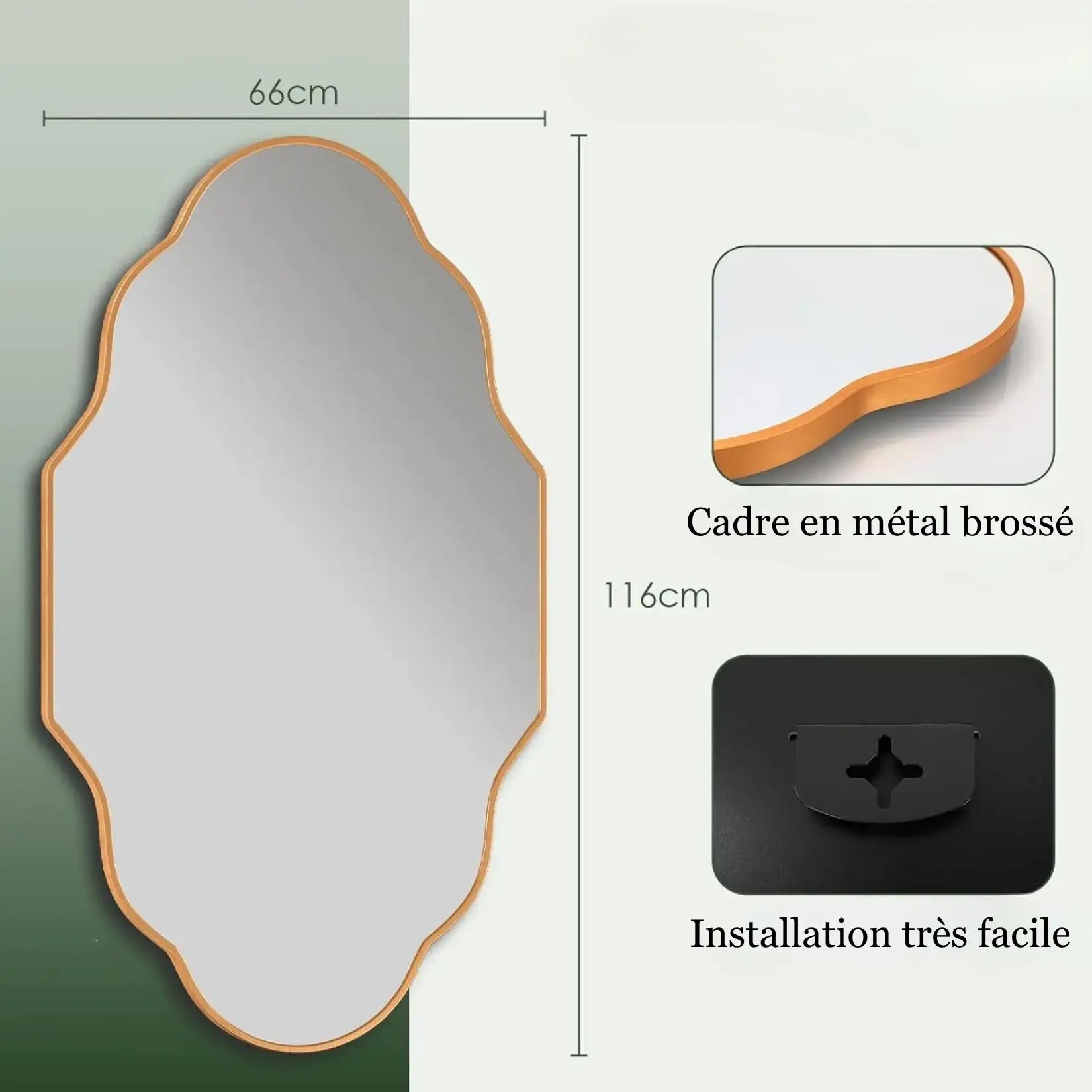 Miroir forme irrégulière avec cadre en métal brossé et fixation murale facile.