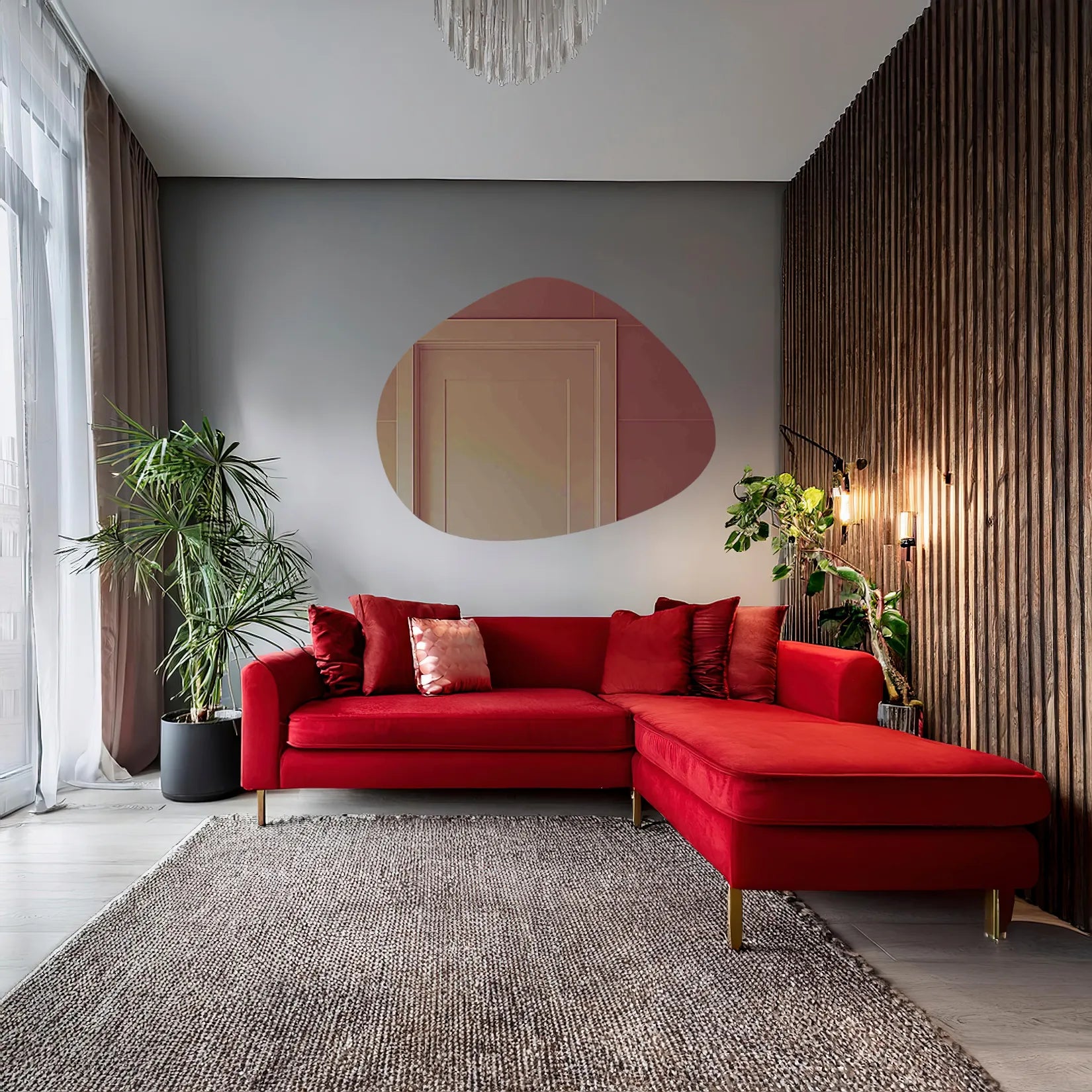 Miroir Galet 150x115 cm dans salon avec canapé rouge et mur en tasseaux.