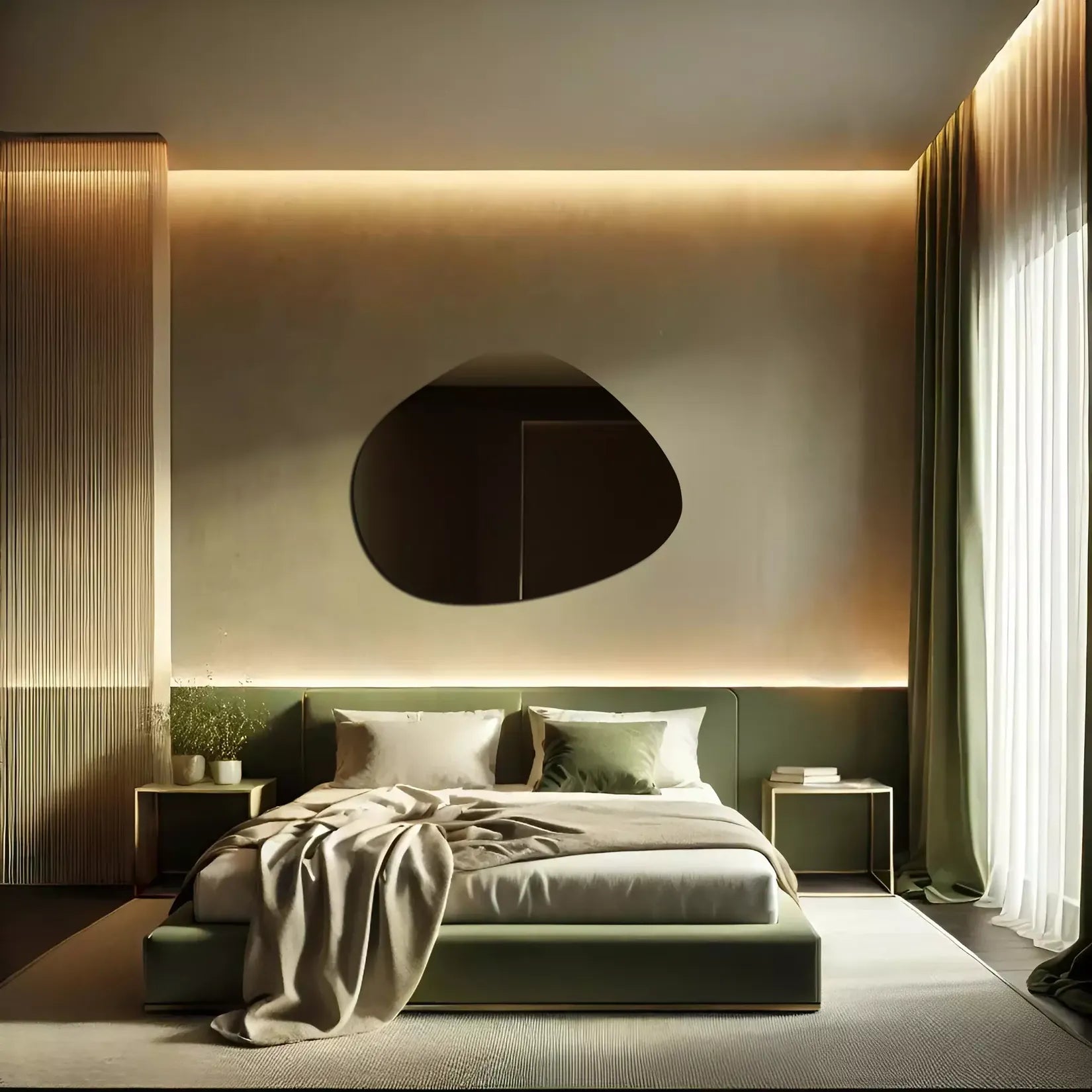 Miroir Galet comme décoration murale au-dessus d'une tête de lit.