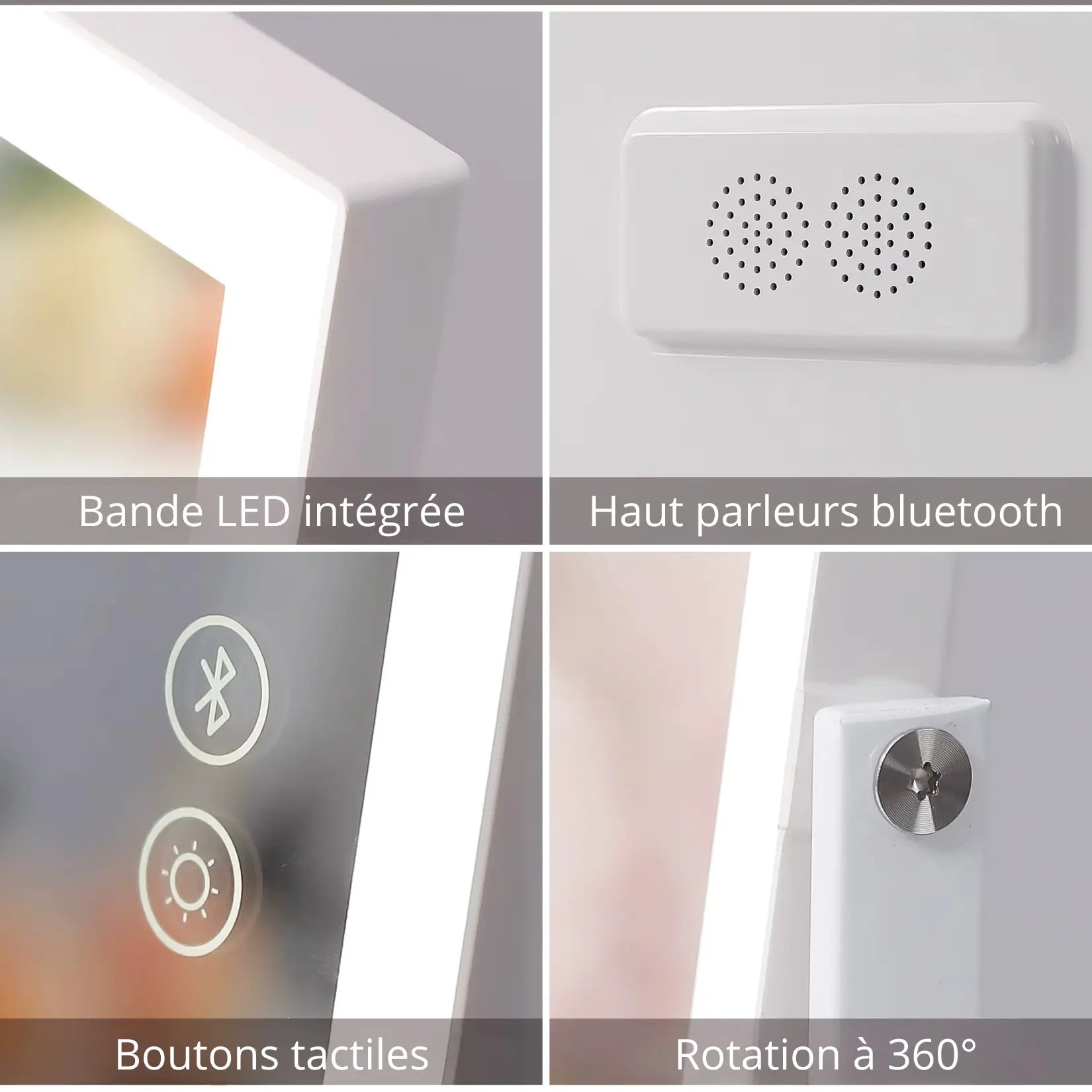 Miroir Grossissant avec Lumiere LED détails haut-parleur Bluetooth boutons tactiles.