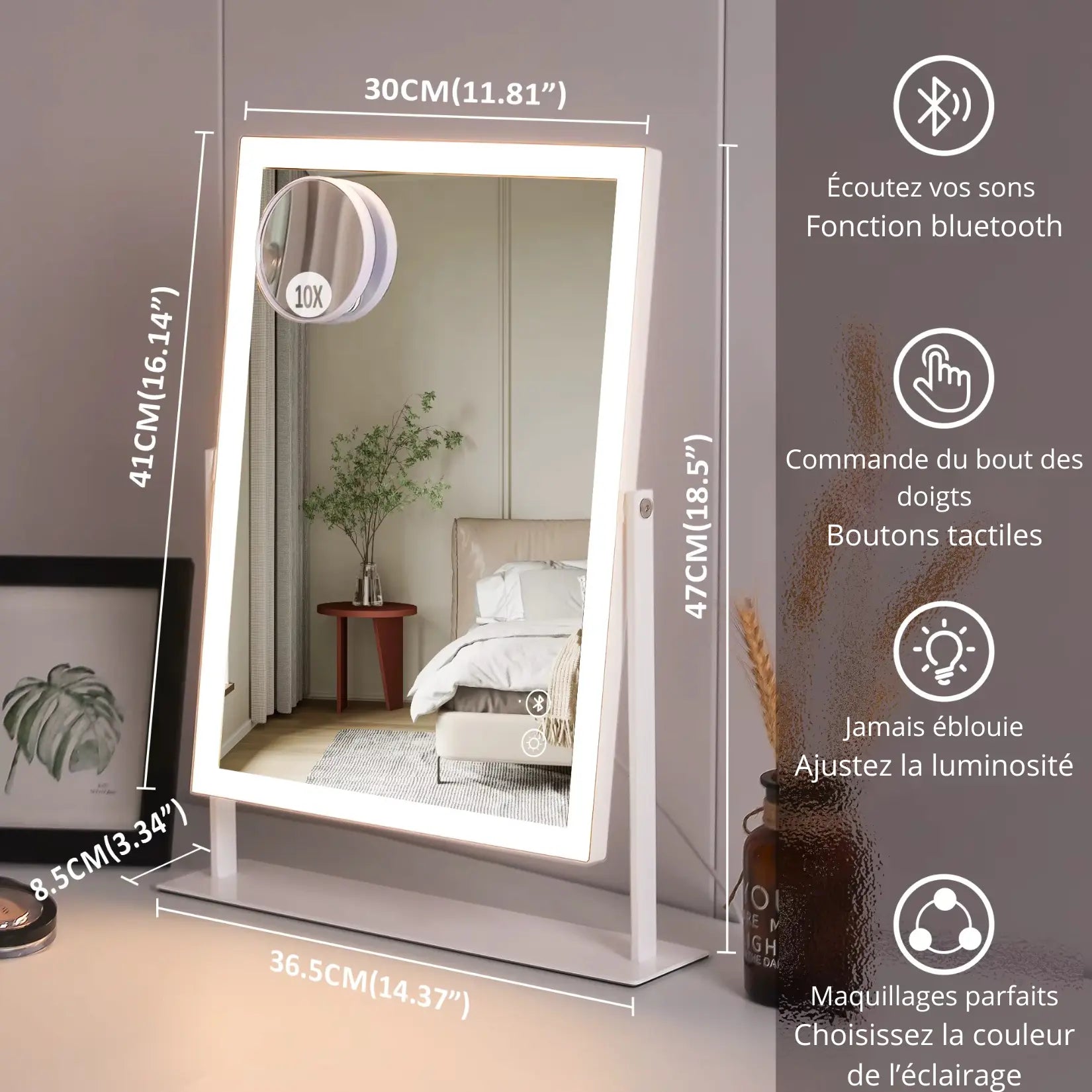 Miroir Grossissant avec Lumiere LED Bluetooth dimensions et fonctionnalités.