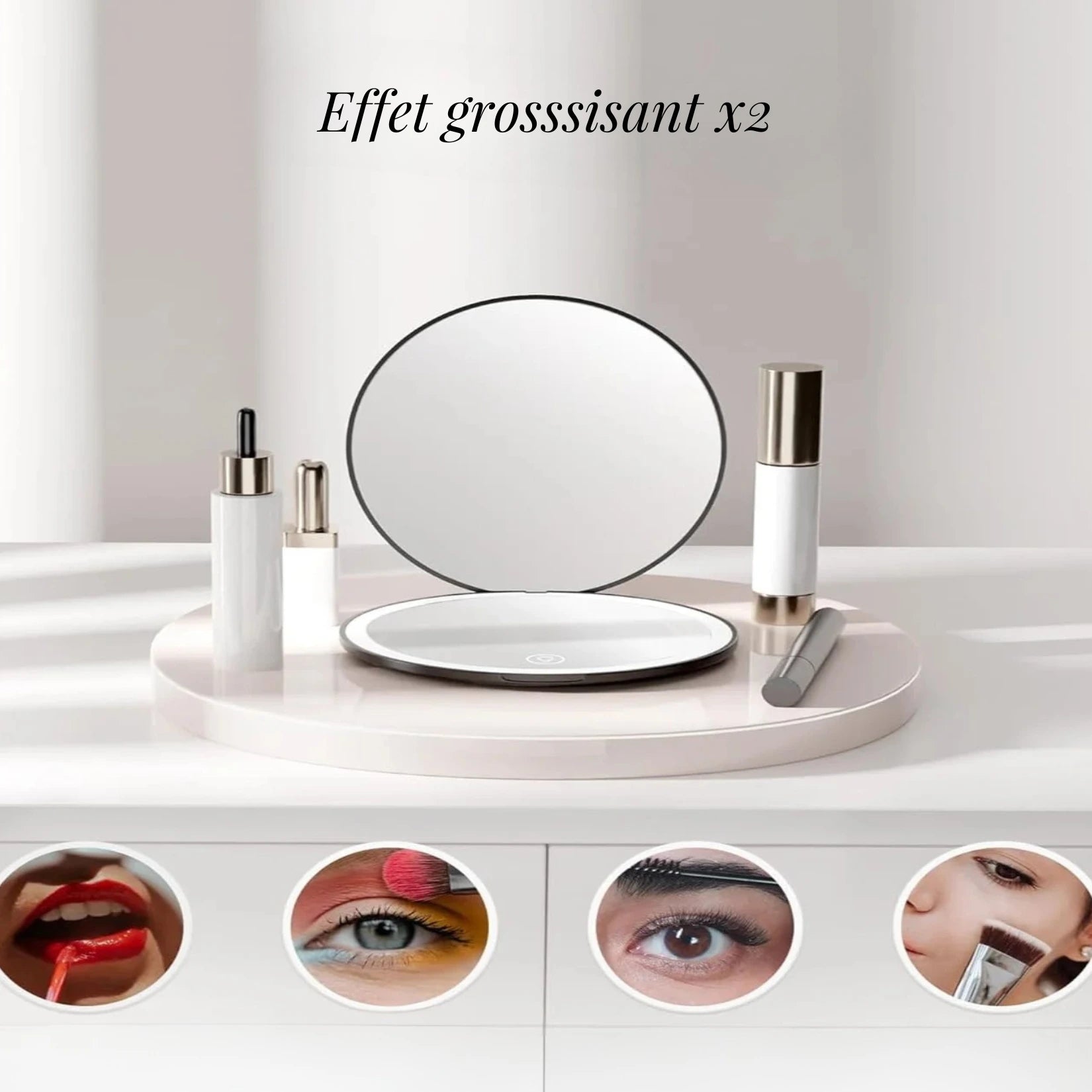 Miroir Grossissant de Poche avec effet x2 pour maquillage précis.
