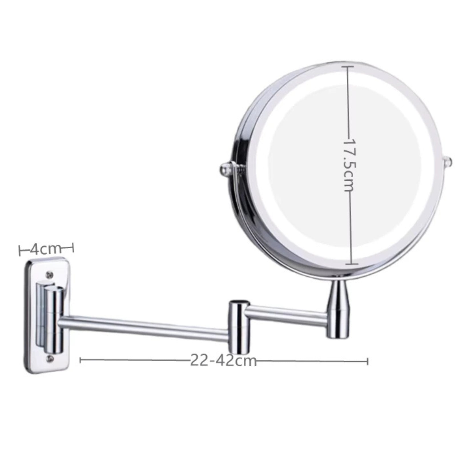 Miroir grossissant LED avec dimensions précises de 17,5 cm.