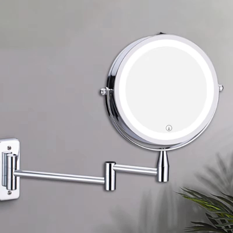 Miroir grossissant LED avec installation murale et bras articulé pratique.