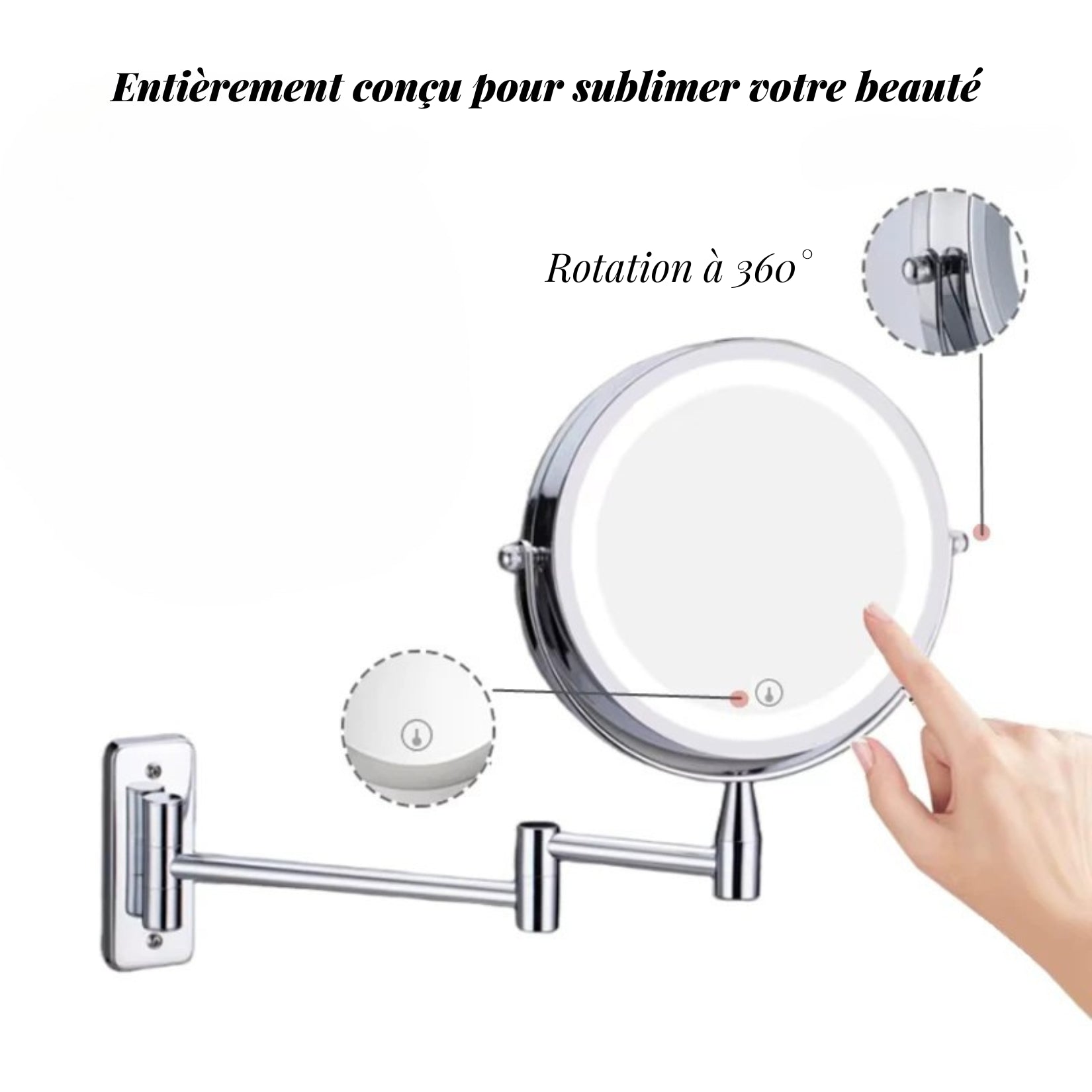 Miroir grossissant LED avec rotation à 360 degrés, idéal pour précision maquillage.