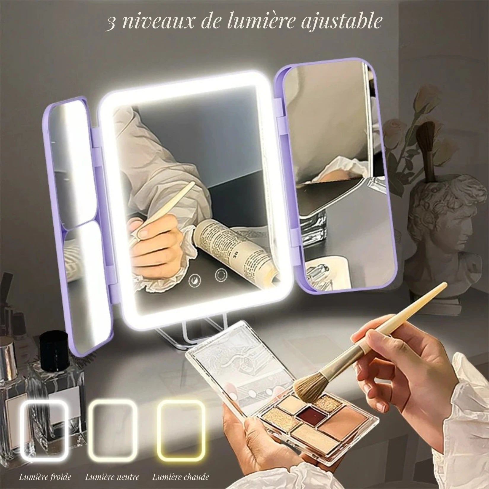 3 niveaux de lumière ajustable sur miroir grossissant lumineux pour maquillage.