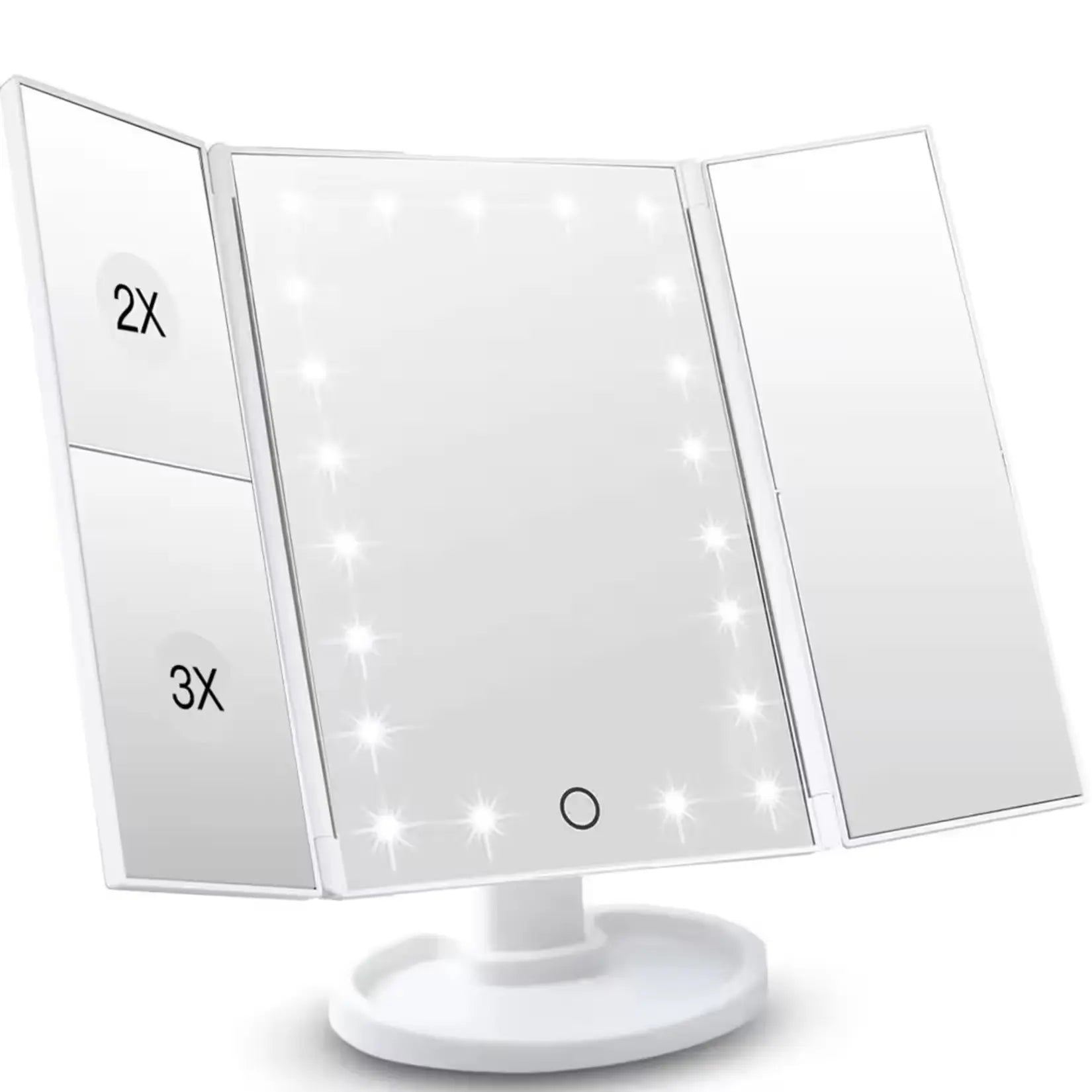 Miroir grossissant lumineux 3 panneaux avec rotation 180° et pied stable.