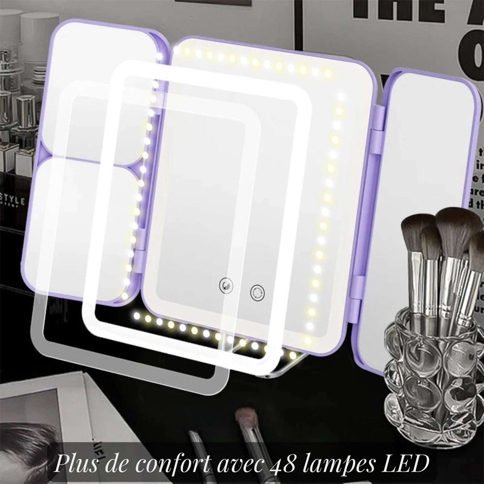 Puissance et confort de 48 lampes LED sur miroir grossissant lumineux.