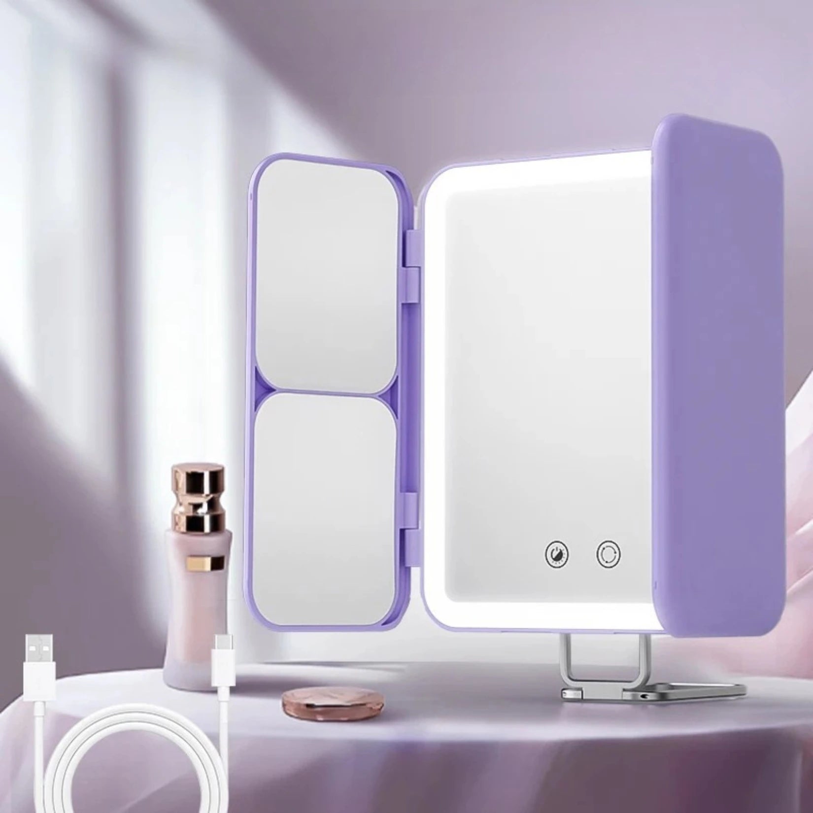 Miroir grossissant lumineux blanc violet alimenté par câble USB.