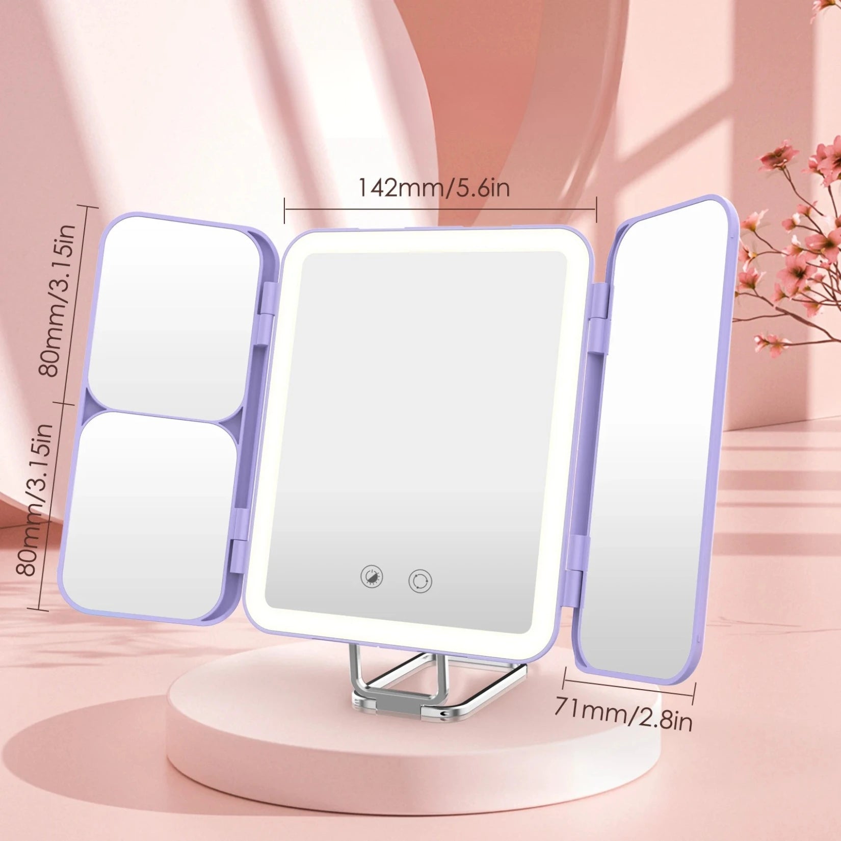 Dimensions pratiques et compactes du miroir grossissant lumineux.