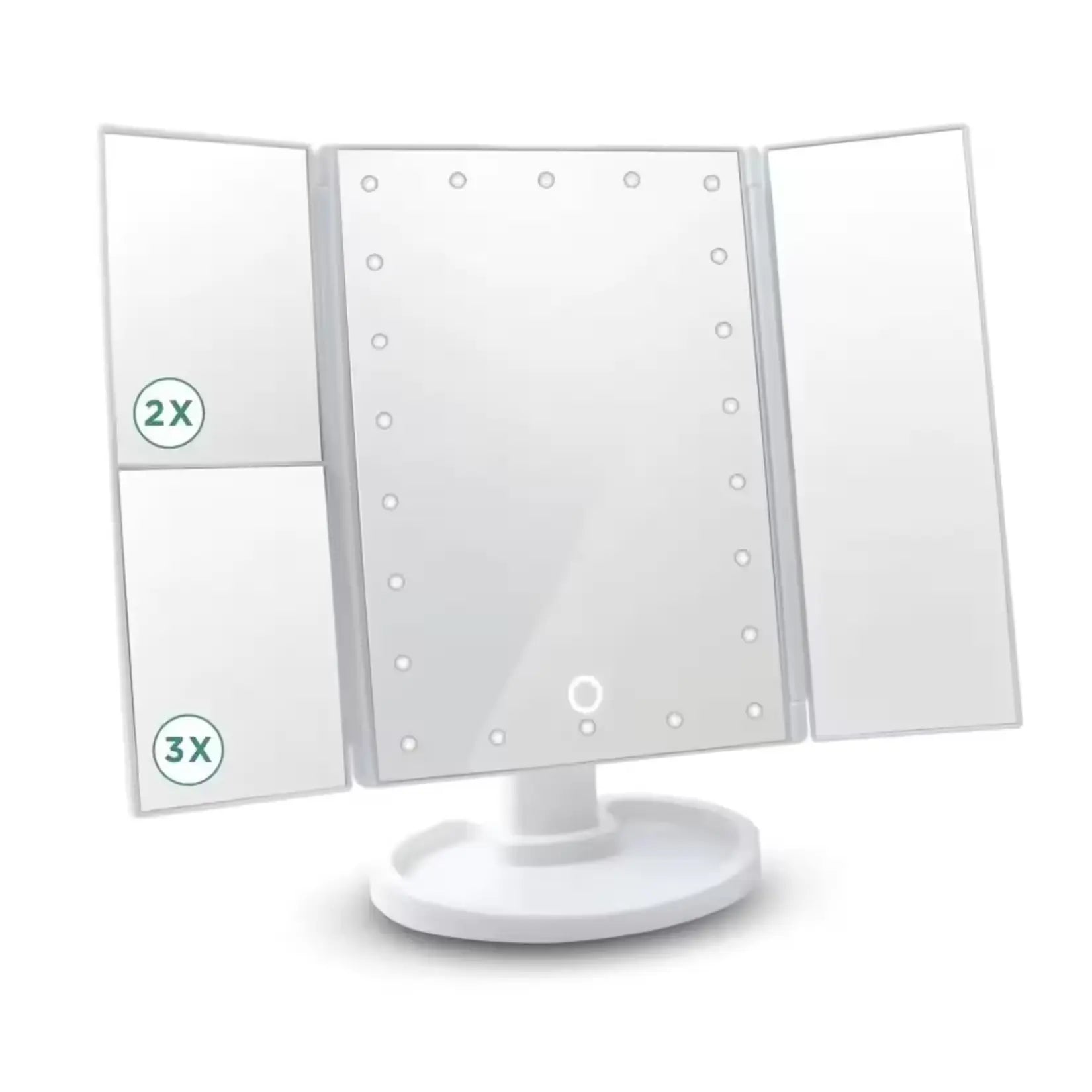 Miroir grossissant lumineux blanc triptyque avec grossissements x2 et x3 détaillés.