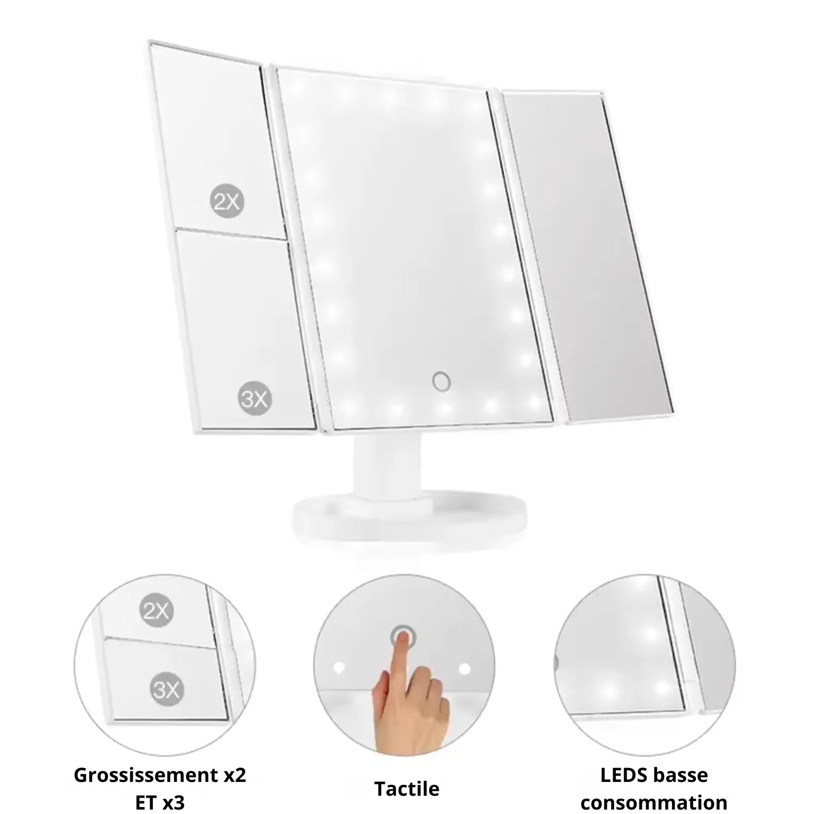 Zones de grossissement x2 et x3 sur panneaux latéraux du miroir lumineux triptyque.