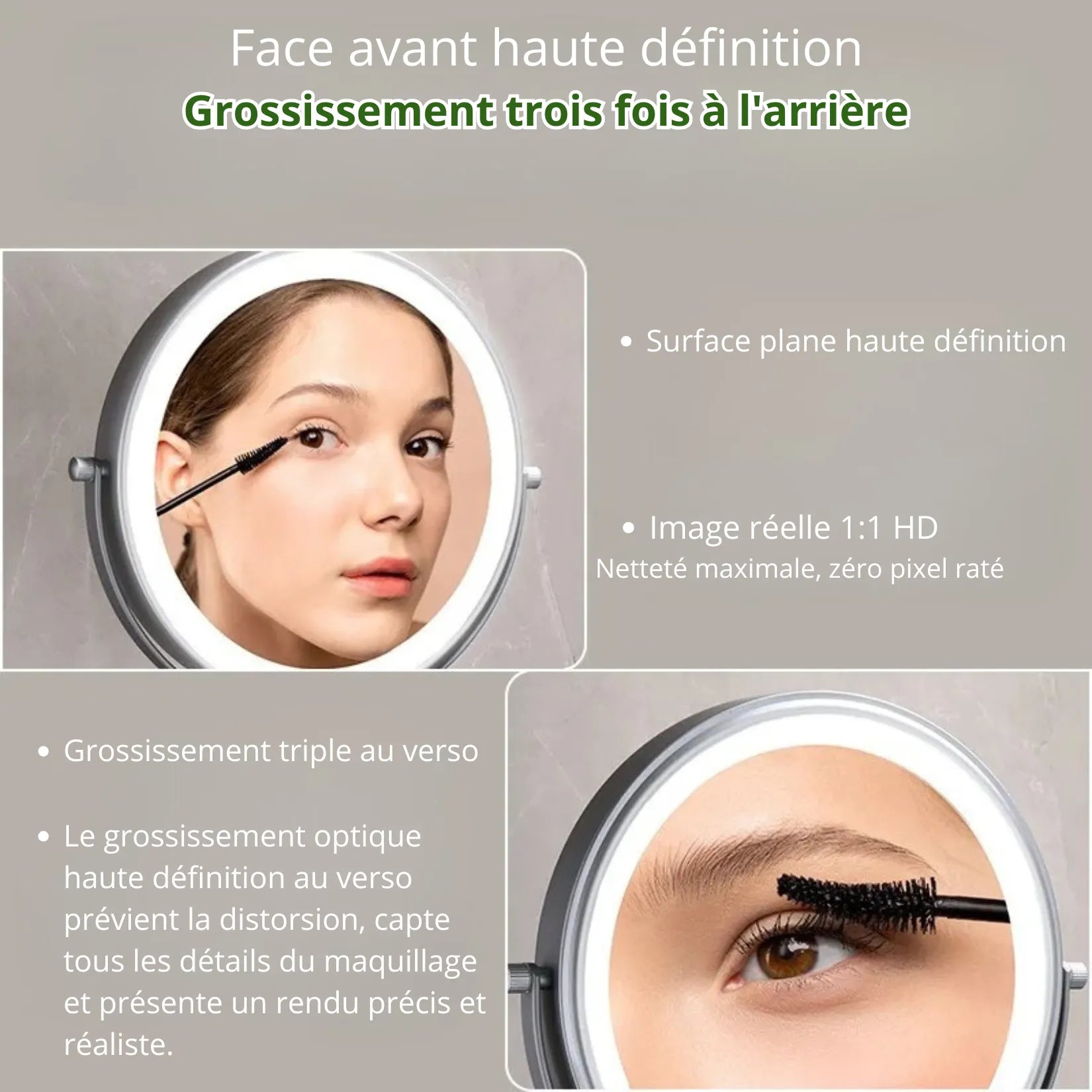 Miroir Grossissant Mural LUXE – double face HD 1:1 recto et grossissement 3x verso.