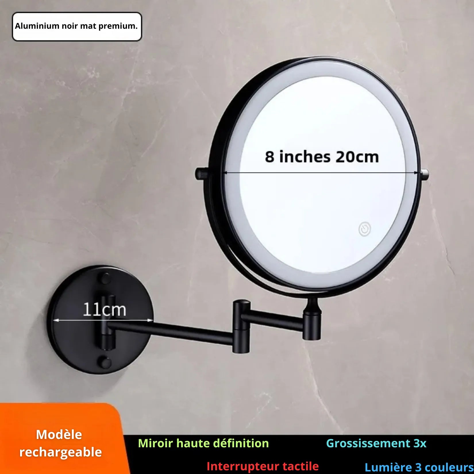 Miroir Grossissant Mural Bras Articulé LUXE noir mat – dimensions 20 cm diamètre rosace 11 cm.